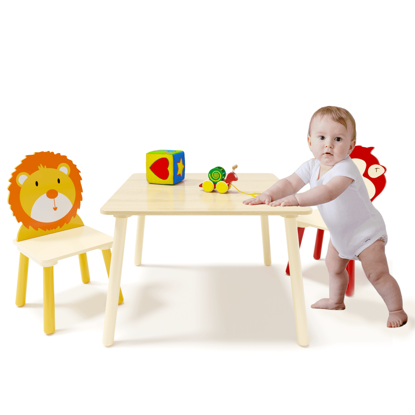 GAKMCIL Kids Table and 2 Chair Set, 3 Piece Toddler Table, Wooden Activity Play Table Set, Animal Chair Set(Lion and Monkey) For 2-8 child Reading, Drawing, Eating, Study, Arts, Crafts & Snack Time.