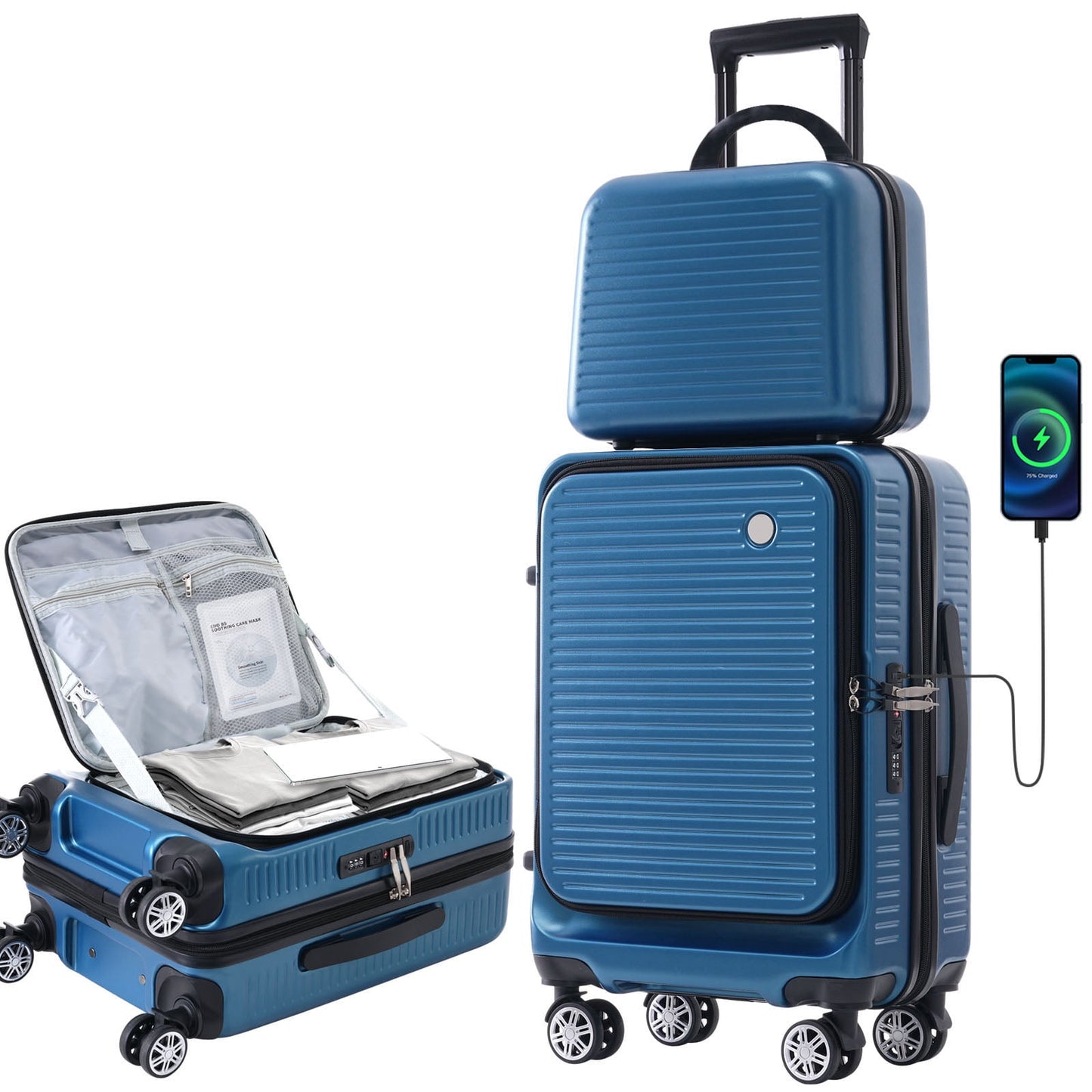 POVANLI 2 Pcs Hardshell Luggage Sets, 20 inch Front Open Suitcase with USB Port TSA Lock, Front Pocket and Spinner Wheels, 1 Portable Carrying Case. Airline Approved, Travel Woman Men (Peacock Blue)