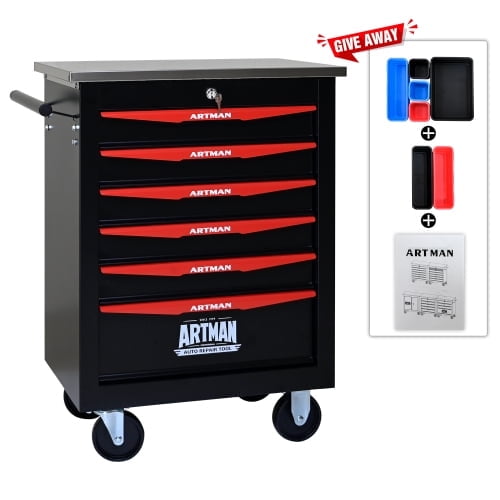 POVANLI 6 Drawer Portable Tool Box With Wheels,Tool Chest With Key Locking Tool Boxes/Organizers Black&Red