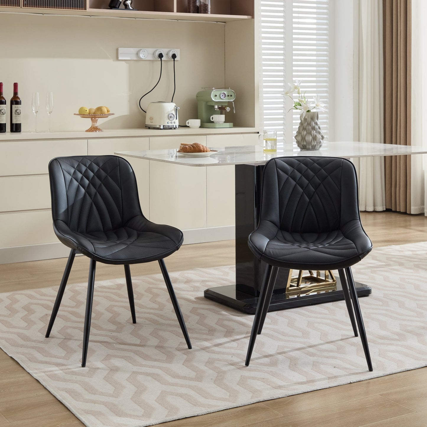 GAKMCIL PU Leather Upholstered Dining Chairs with Porous Design, Height Adjustable Leg Covers, Thick Cushion, Metal Legs, 300lb Load for Dining Room, Kitchen, Living Room (Set of 2, Black)