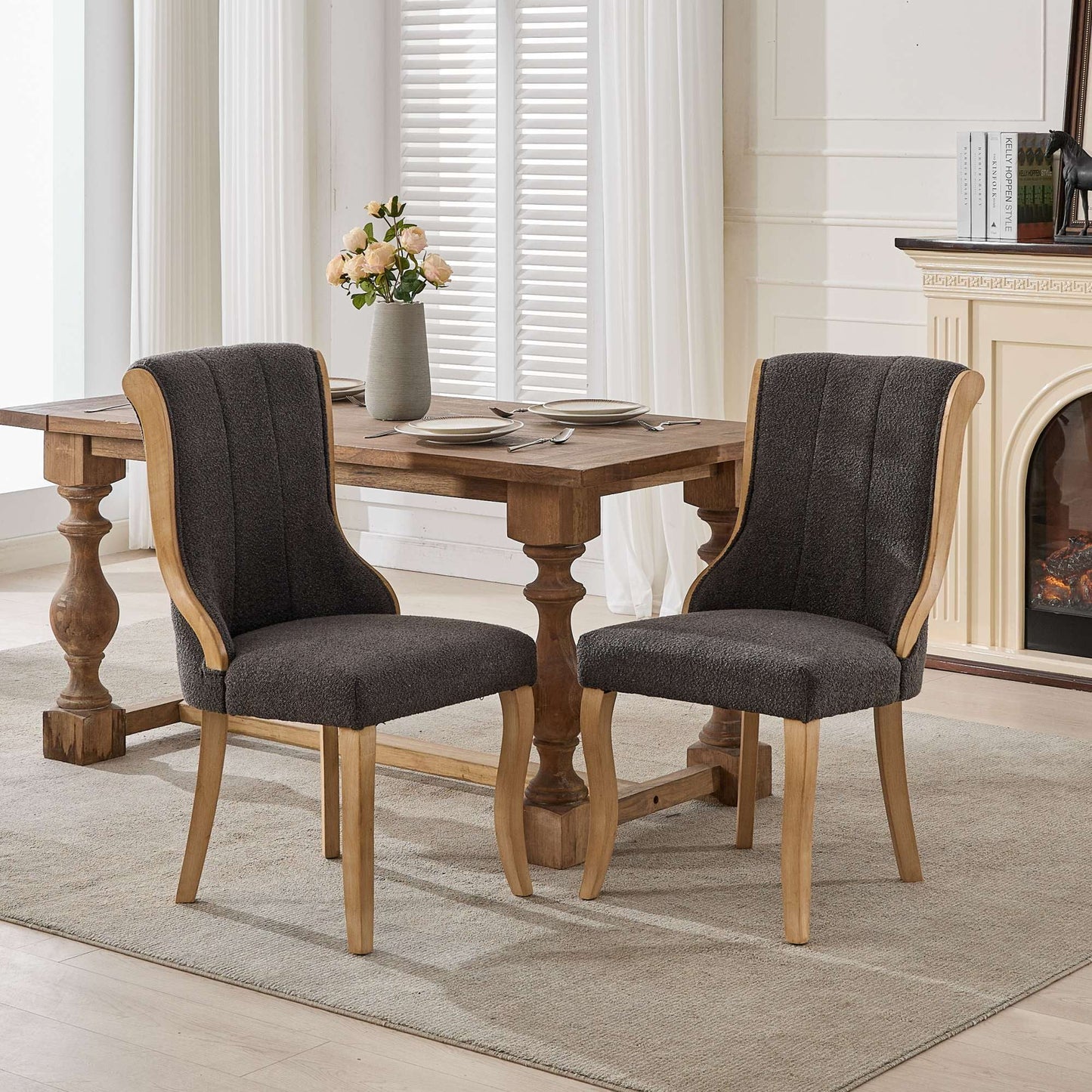 GAKMCIL Mid-Century Snow Velvet Upholstered Dining Chairs (Set of 2) with Curved Wood Trim, Sculpted Legs, Weight Capacity 300lb Load for Dining Room and Kitchen (Gray)