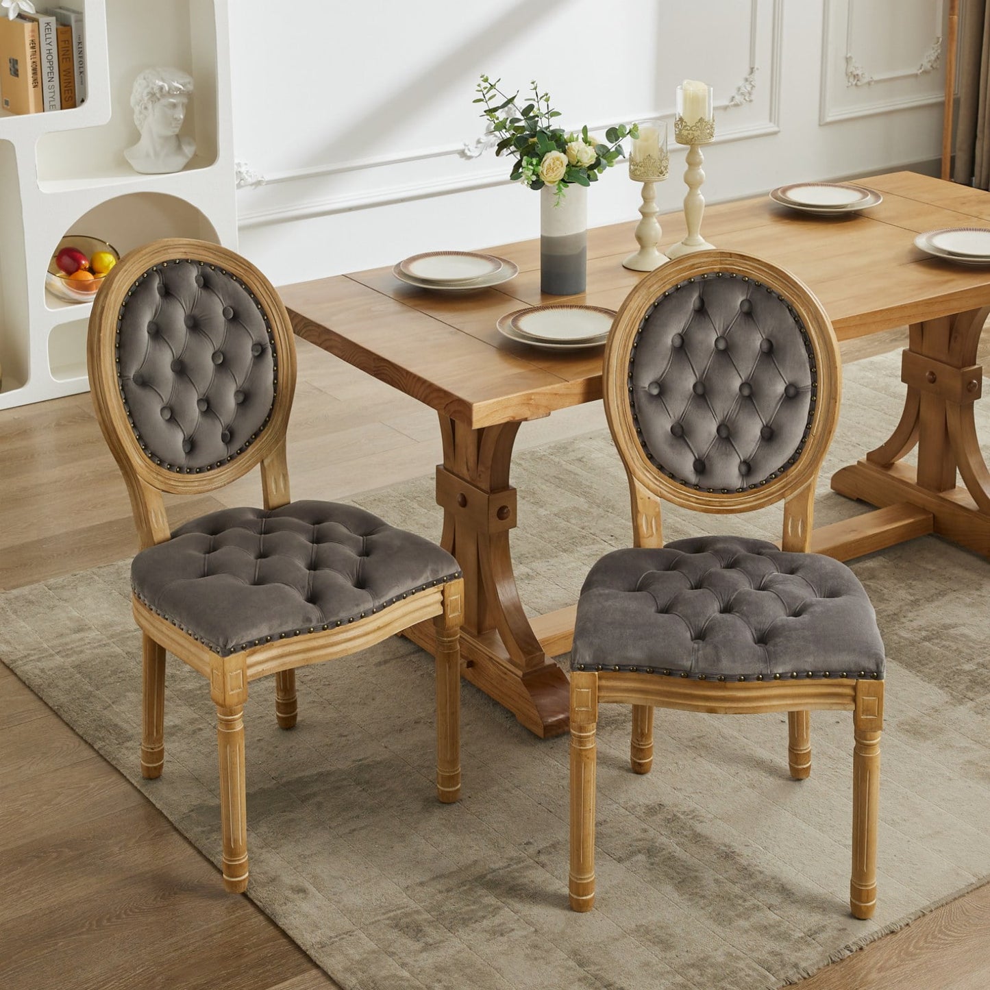 GAKMCIL Velvet artificial leather Dining Chair with French Solid Wood Frame,Hand Pull Button Decoration,Nailed Headdress Edge,Density Foam,Steel Spring Lining,Weight Capacity:300lb, Gray (Set of 2)