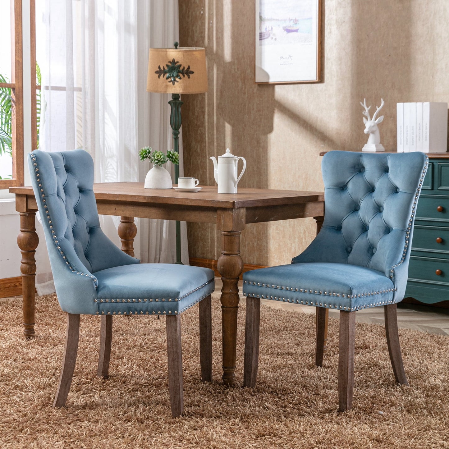 POVANLI Velvet Dining Chairs Set of 2,Upholstered Dining Chairs with Wood Legs Nailhead Trim,High-end Tufted Solid Wood Contemporary Dining Table Set for Living Room,Bedroom, Kitchen Light Blue
