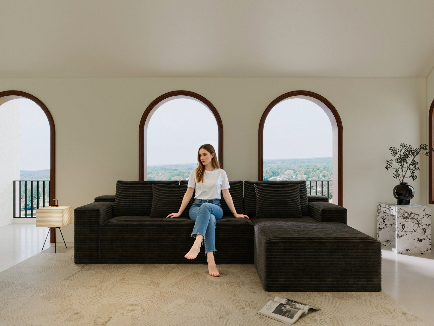 GAKMCIL 104" 4 Seater Cloud Sectional Couch with L-Shape Right Facing Chaise, Comfy Modular Plush Corduroy Sofa, Upholstered Deep Seat Sofa for Living Room Bedroom (No Assembly Required) (Black)
