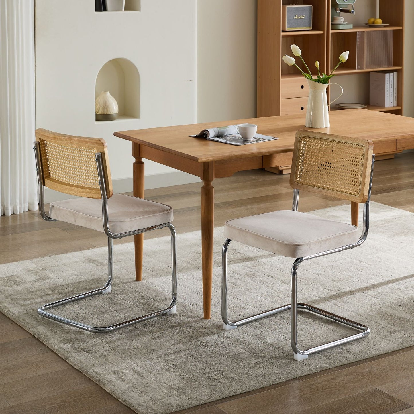 GAKMCIL Mid-Century Modern Velvet Upholstered Dining Chairs (Set of 2) with Natural Cane Back, Stainless Chrome Base, 360lb Load for Dining Room, Kitchen, Bedroom, Office (Beige)