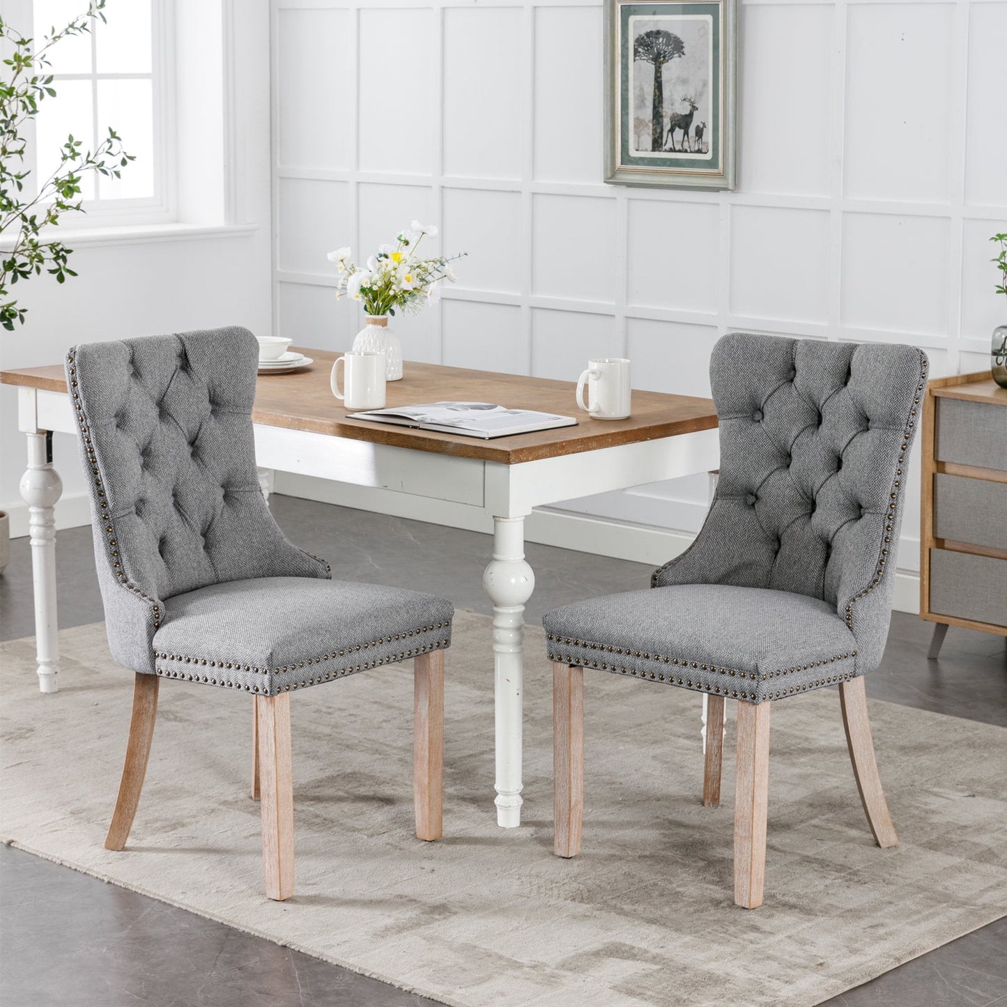GAKMCIL Linen Dining Chair (Set of 2), Comfy Tufted Fabric Upholstered Dining Chair with Nailhead Trim, Solid Wood Legs, Weight Capacity 300lb for Dining Room and Kitchen (Gray)
