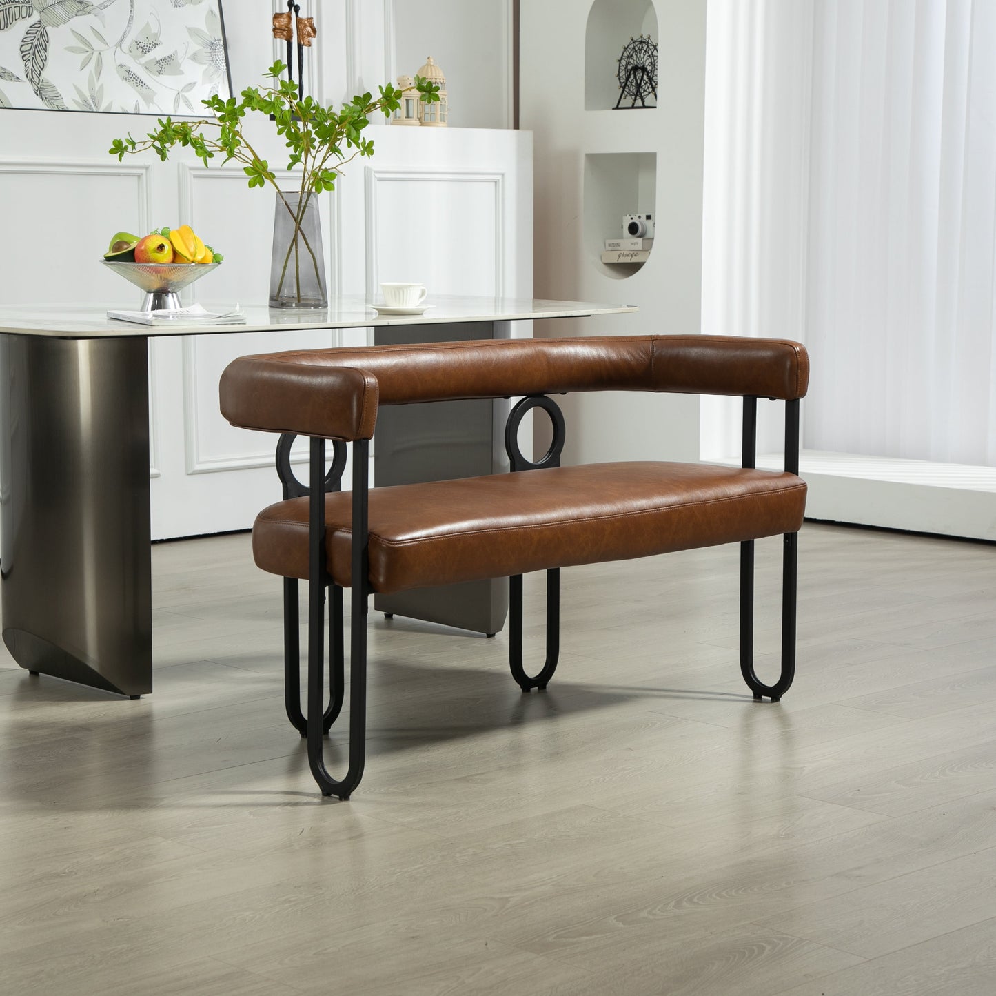 POVANLI Modern Loveseat Sofa, 2 Seater Mini Couch, PU Leather Sofa with Arms and Metal Legs, Bench, Upholstered Love Seat Chairs for Living Room Dining Kitchen Office Studio (Light Brown PU)
