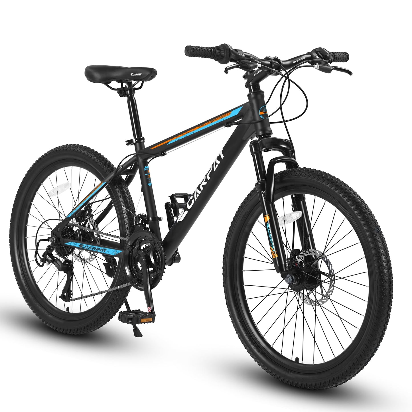 POVANLI 26" Steel Frame Mountain Bike for Boys Girls, with 21 Speeds Dual Disc Brakes and Front Suspension MTB, Black&Blue (Gift)
