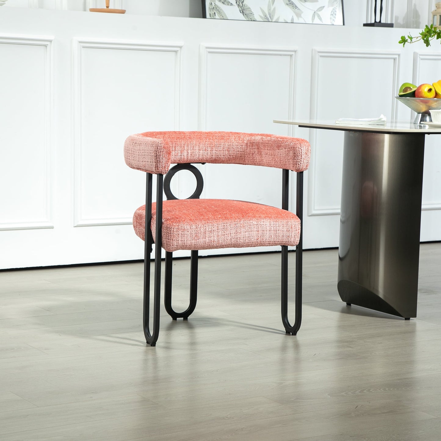 POVANLI Chenille Fabric Upholstered Bar Stools (Set of 1), Modern Bar Chair/Dining Chair/Armchair with Back, Black Metal Frames for Living Room Bar Kitchen Island Restaurant Bistro, Club (Pink)