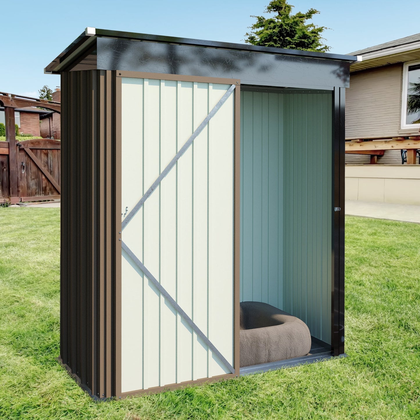 POVANLI 5*3FT Outdoor Storage Shed ,Tool Shed with Sloping Roof and Lockable Door,Metal Shed for Backyard Garden Patio Lawn Brown