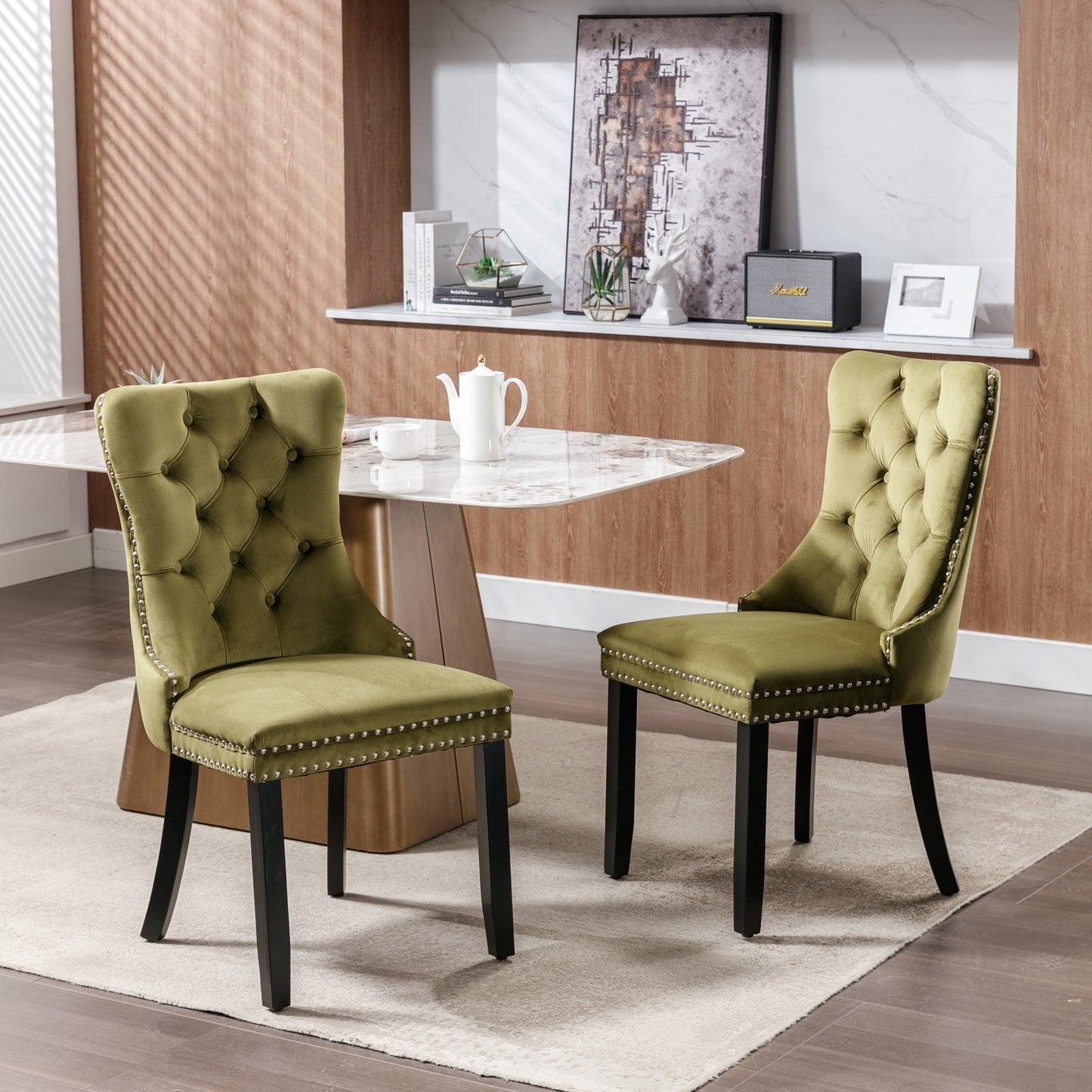 POVANLI Velvet Dining Chairs Set of 2,Upholstered Dining Chairs with Wood Legs Nailhead Trim,High-end Tufted Solid Wood Contemporary Dining Table Set for Living Room,Bedroom, Kitchen Olive Green