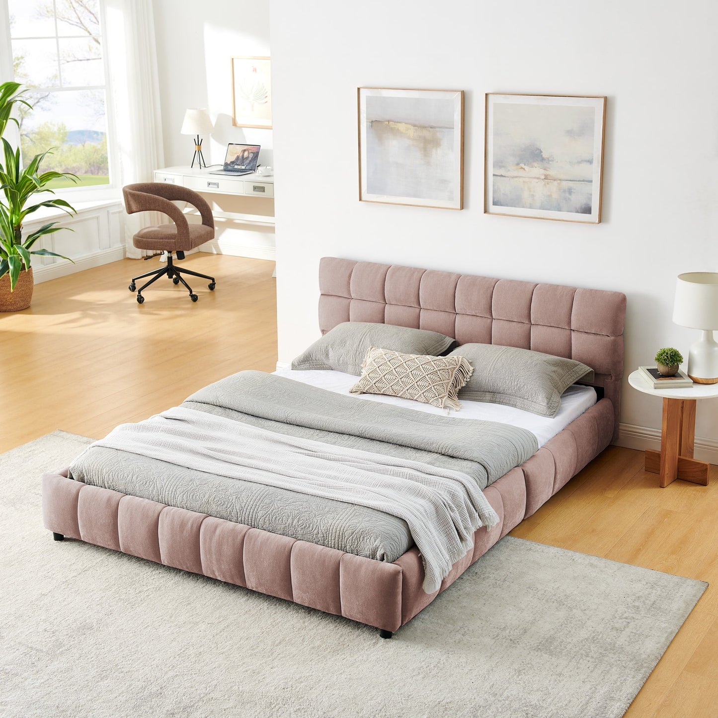 GAKMCIL Queen size Bed Frame with Thick Fabric,Upholstered Bed Frame with Headboard and Solid Frame. No Box Spring Needed Pink(88.5''*68.5''*31'')