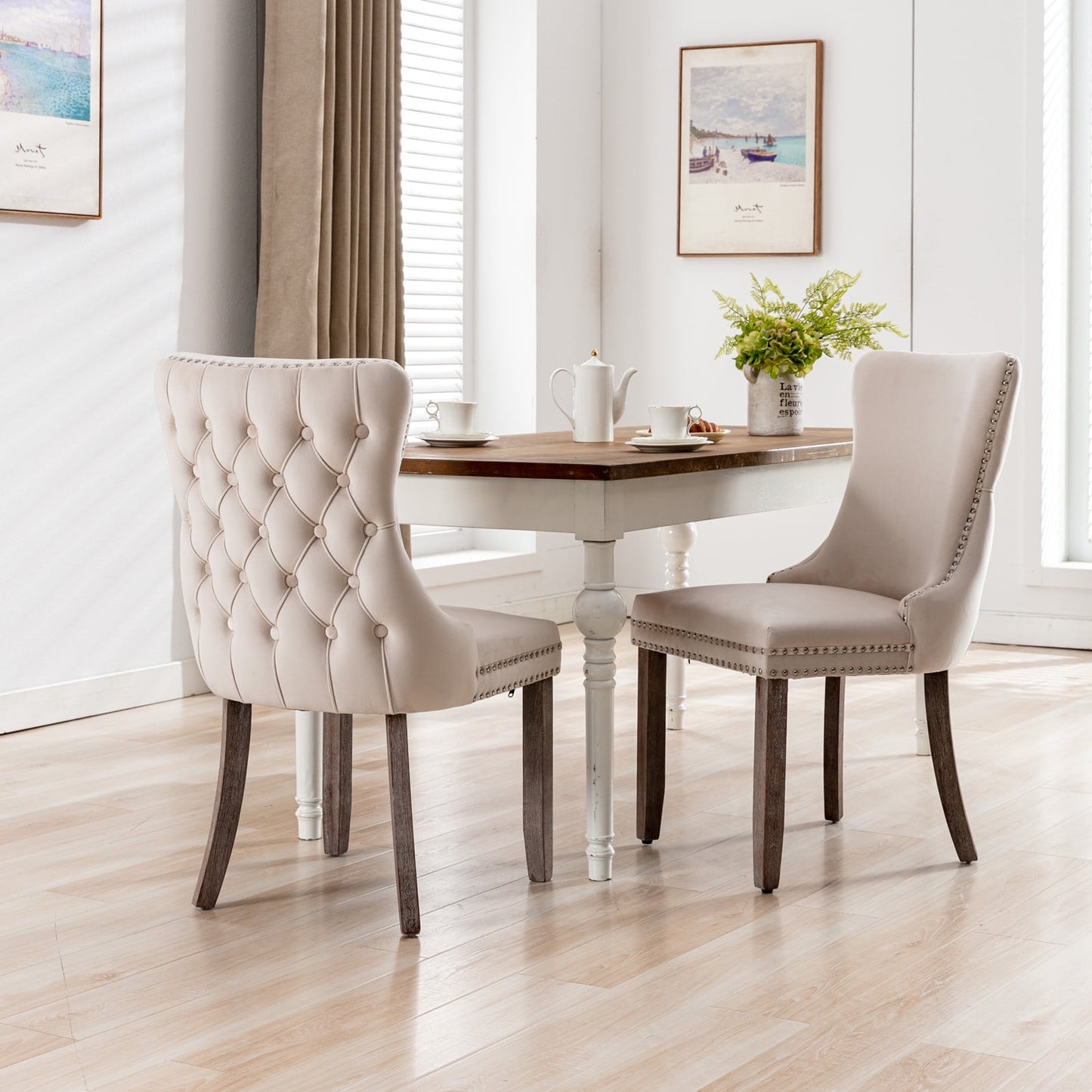 GAKMCIL Velvet Dining Chair (Set of 2), Comfy Upholstered Wing-Back Dining Chairs with Nailhead Back and Solid Wood Legs, Weight Capacity 330lb Load for Dining Room and Kitchen (Beige)