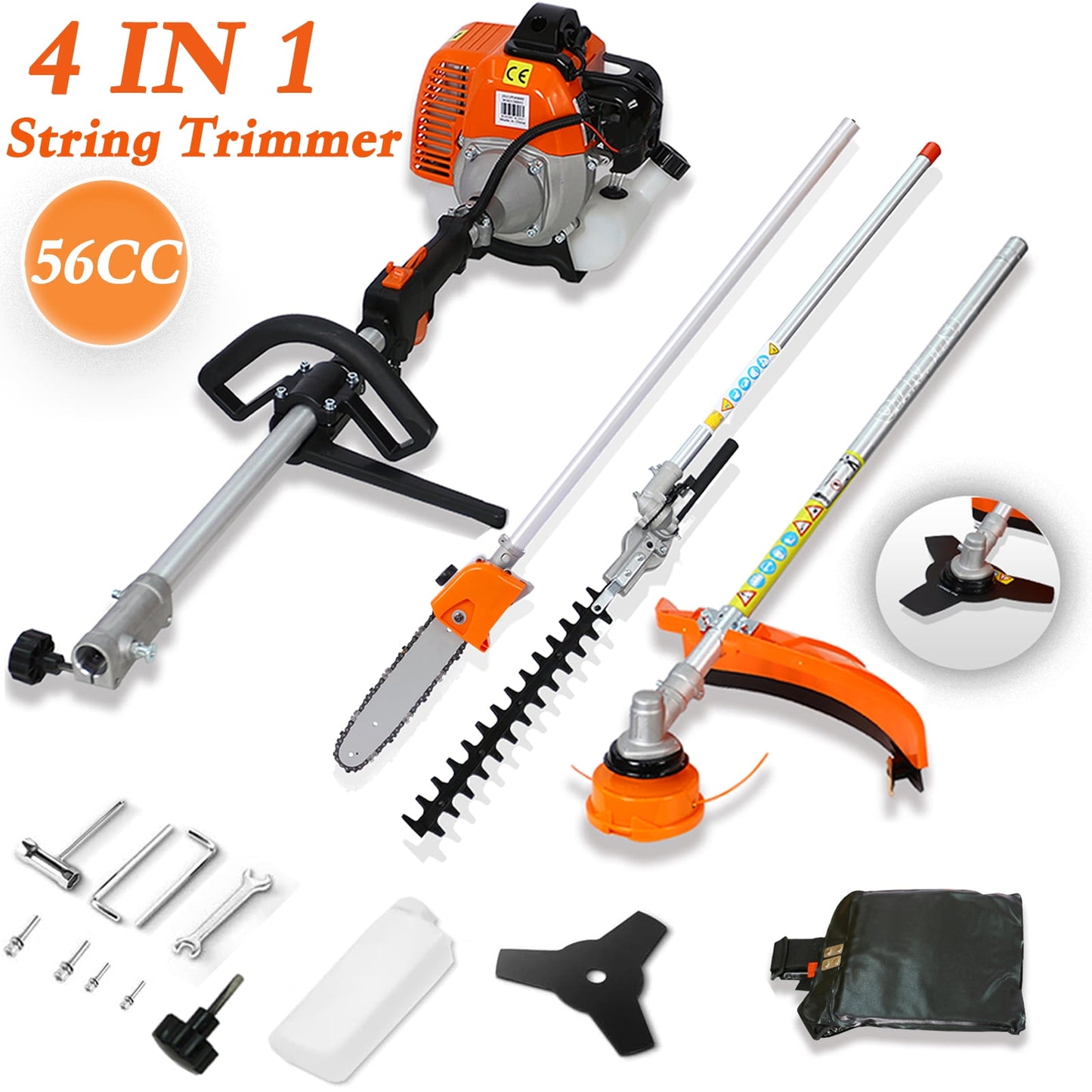 POVANLI 4-in-1 Multi-Functional Trimming Tool,56CC 2-Cycle Gas Garden Tool System with Pole Saw, Hedge Trimmer, Grass Trimmer, Brush Cutter - EPA Compliant
