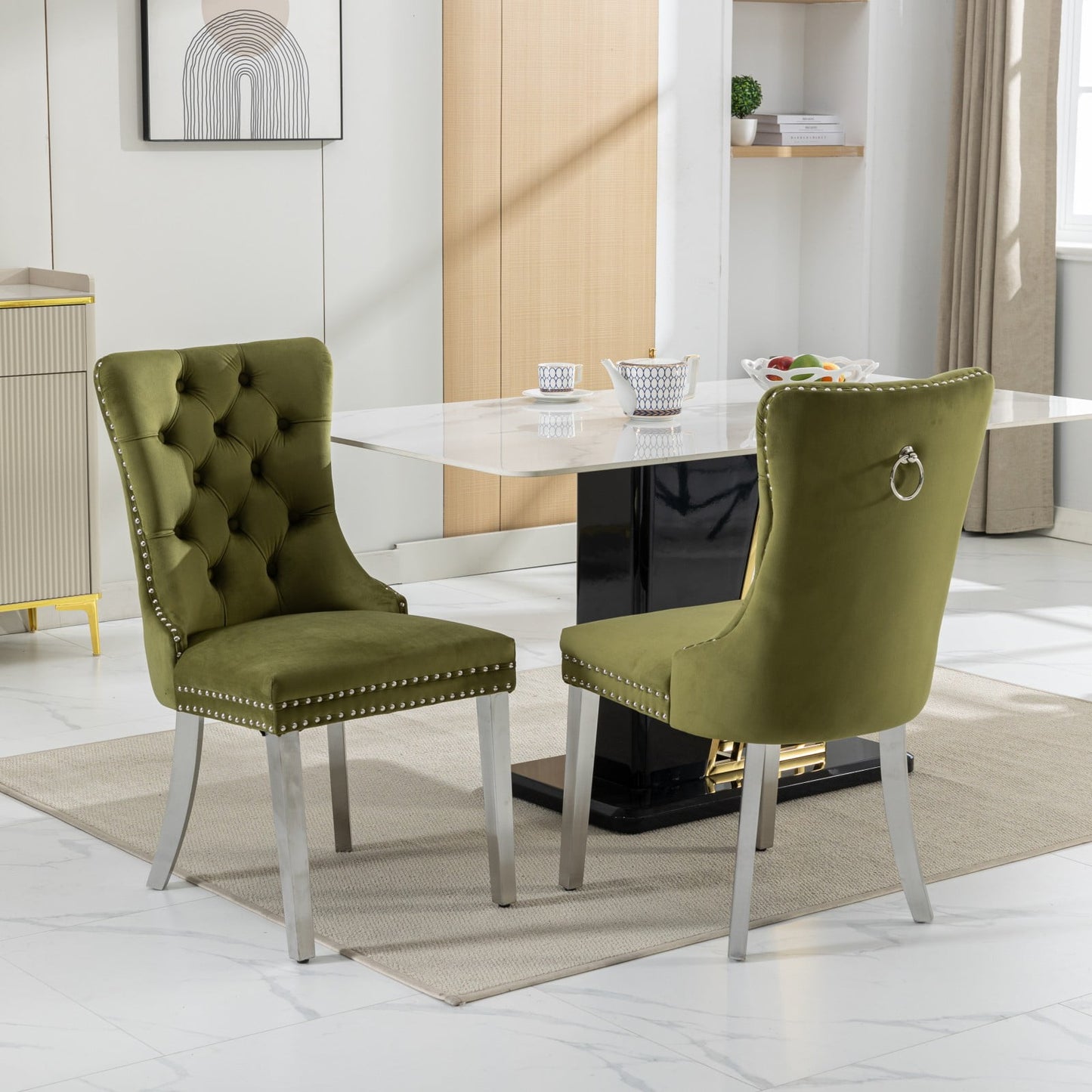 GAKMCIL Velvet Dining Chair,Comfy Tufted Upholstered Dinner Chair with Chrome Stainless Steel Plating Legs,Nailhead Trimfor amd Back Ring,300lb Load for Dining Room and Kitchen(Set of 2,Olive Green)