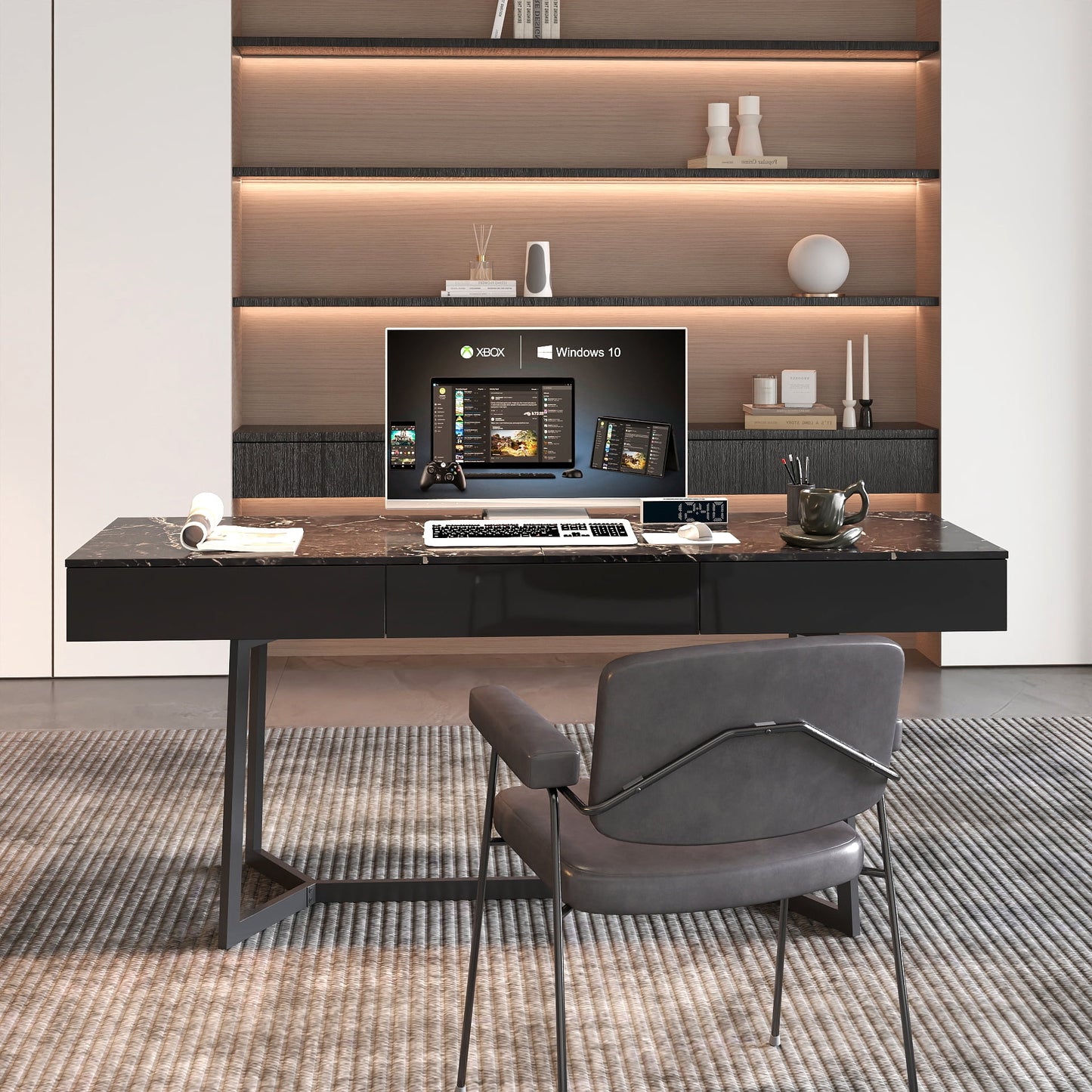 GAKMCIL Executive Computer Desk with 3 Drawers and Y-Shaped Metal Legs - Spacious Work Surface for Home Office, Executive Use & Study Rooms, Durable Black Design (70.86"L x 23.62"W x 29.53"H) (Black)