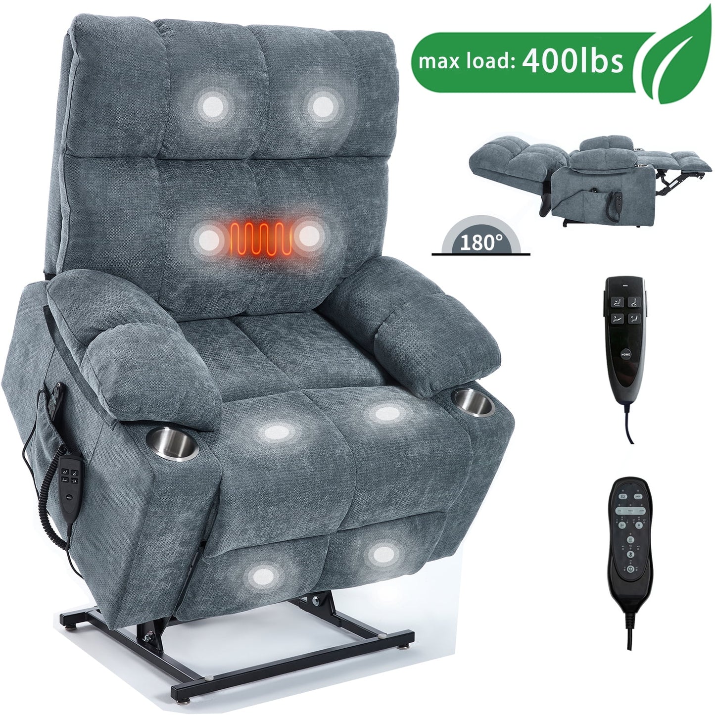 GAKMCIL Large Dual Motor Position Power Lift Chenille Recliner Chair with Heating and 3 Massage 8 vibrating nodes(back, lumbar, thighs, legs), 3 Timing function, Steel Cup Holders, Gift (Grey-Blue)