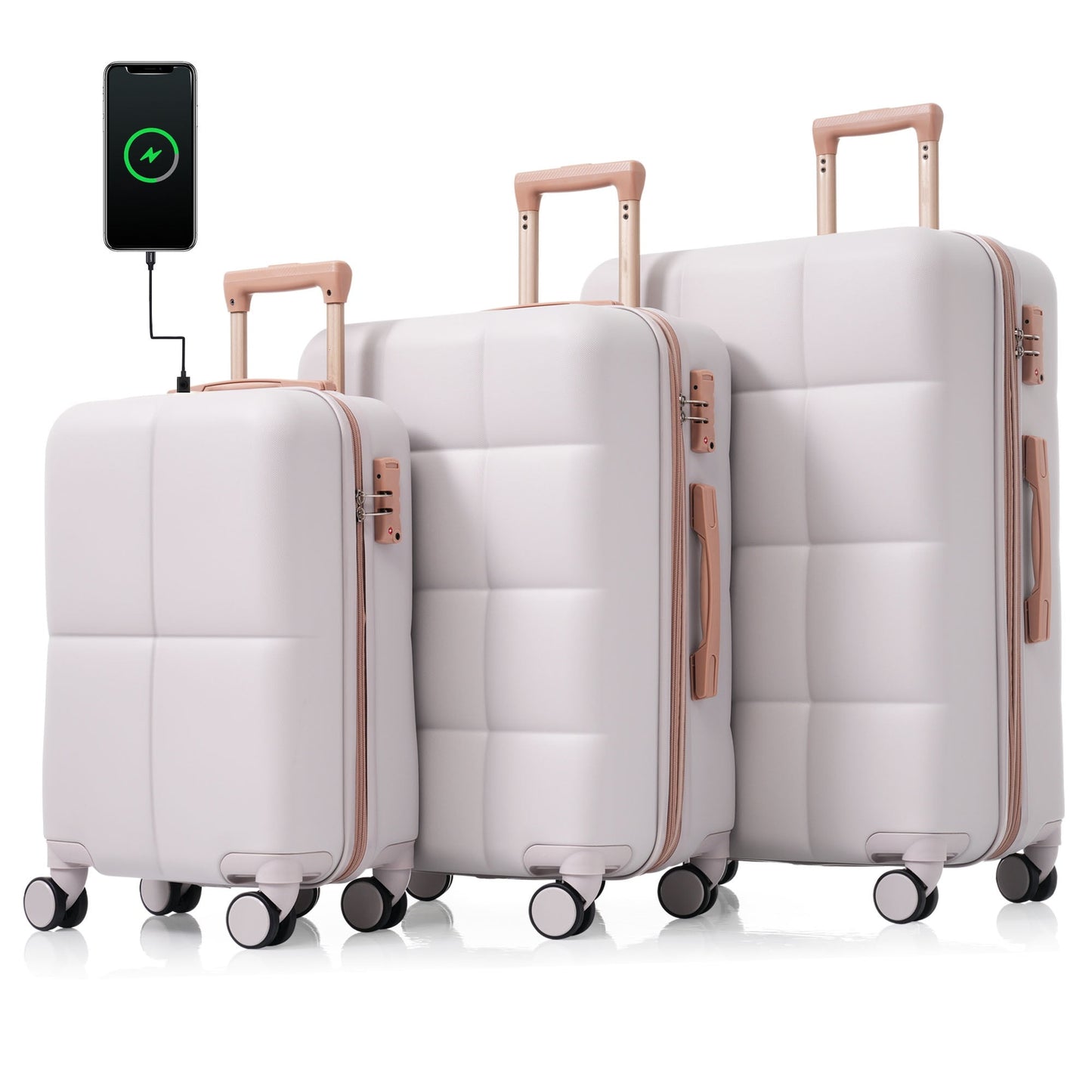 POVANLI 3PCS Luggage Set,20'' Luggage with USB Port, Airline Certified Carry-on Luggage set with Cup Holder, ABS Hard Shell Luggage with Spinner Wheels Light Grey