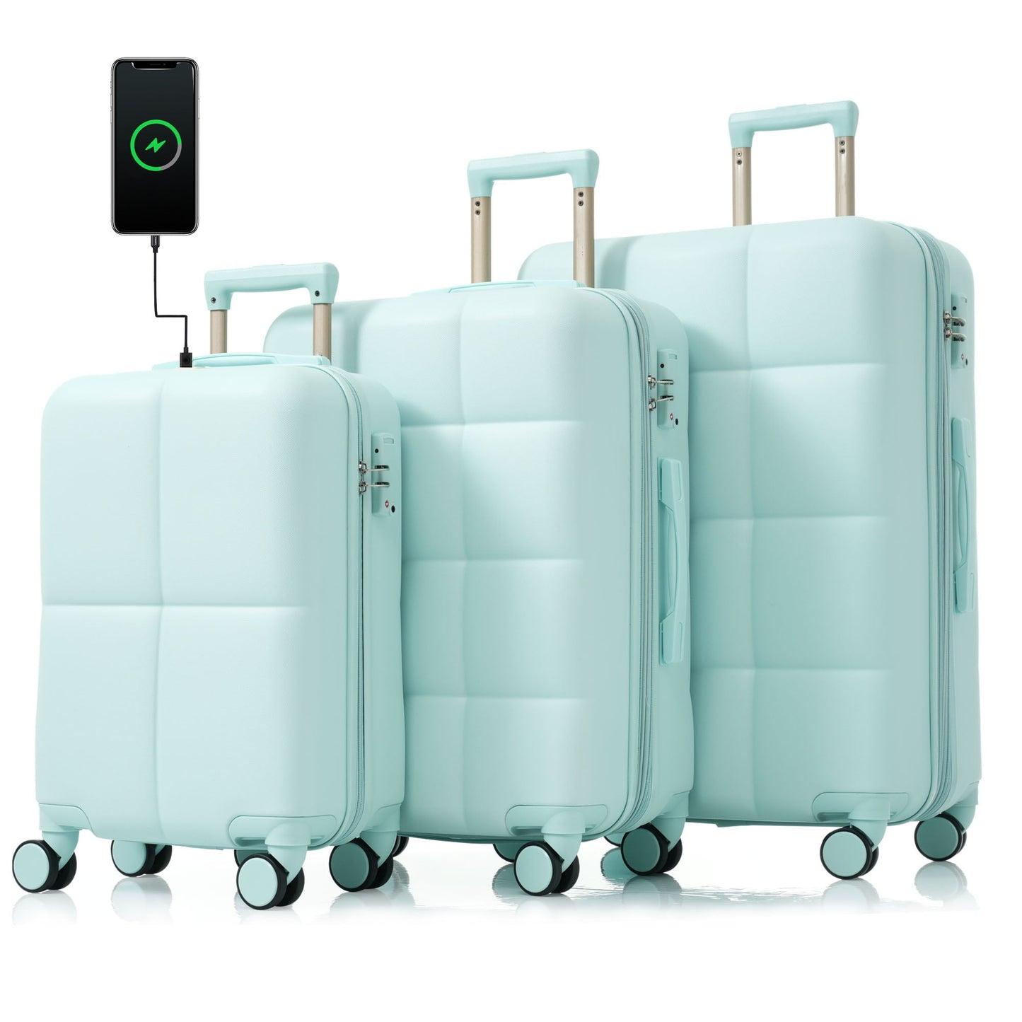POVANLI 3PCS Luggage Set,20'' Luggage with USB Port, Airline Certified Carry-on Luggage set with Cup Holder, ABS Hard Shell Luggage with Spinner Wheels Grey Green