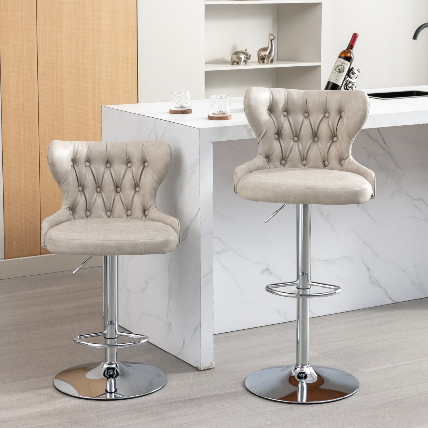 GAKMCIL Modern PU Upholstered Bar Stools with Adjustatble Seat Height from 25-33in, Silver Chrome Base, Rivets Trim, 300lbs Load for Home Pub, Kitchen Island (Set of 1, Beige)