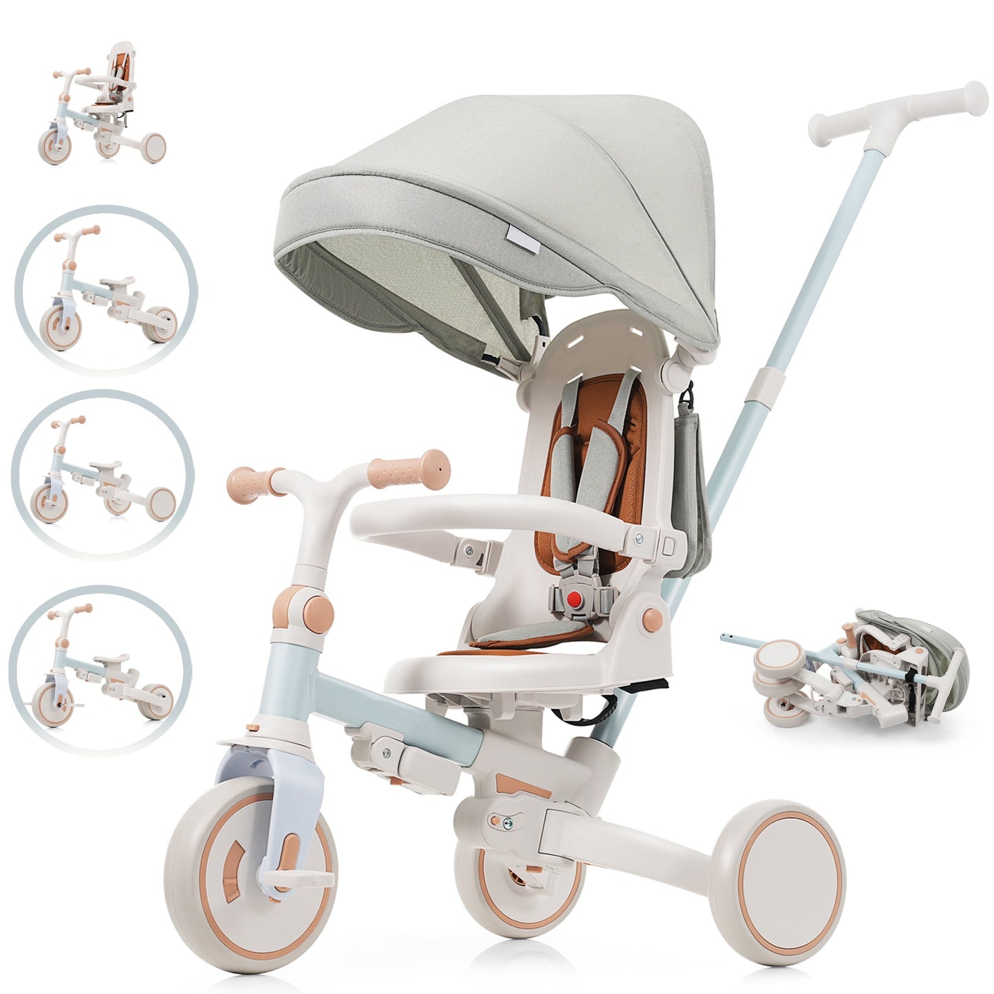POVANLI 7 in 1 Baby Tricycle Foldable Toddler Tricycle w/Removable and Adjustable Parent Handle,Toddler Push Bike with Removable Pedal,Canopy and Guardrail,Tricycle for 12-72 Months Blue