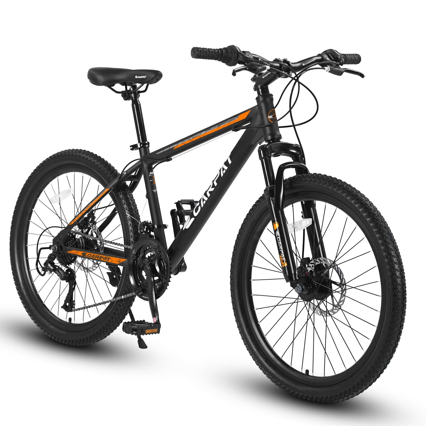 POVANLI 26" Steel Frame Mountain Bike for Boys Girls, with 21 Speeds Dual Disc Brakes and Front Suspension MTB, Black&Orange (Gift)