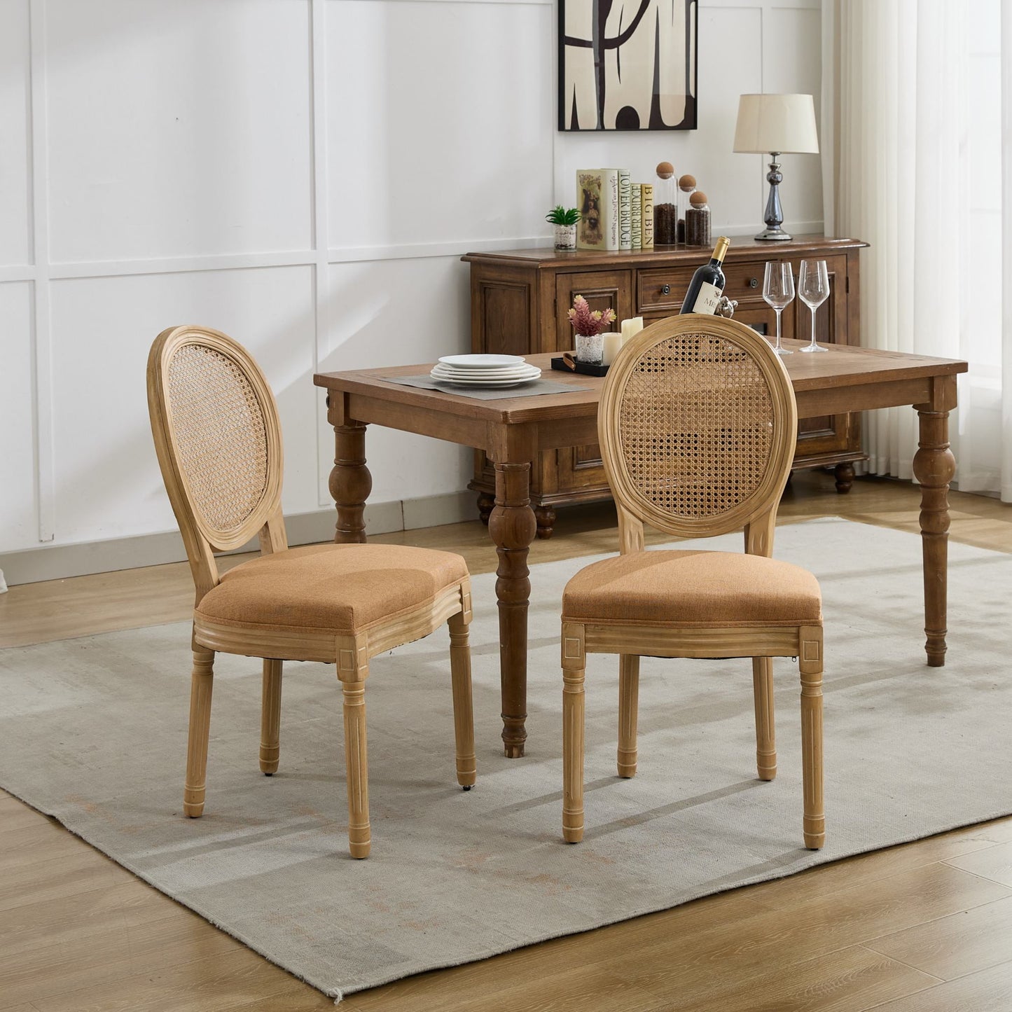 GAKMCIL Linen Fabric Upholstered Dining Chair, French Style Solid Wood Frame Antique Painting Rattan Back Dining Room Chair, Steel Spring Lining, Weight Capacity:300lb, Tan (Set of 2)
