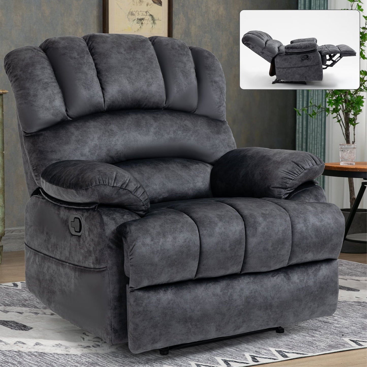 GAKMCIL Oversized Wide Seat Manual Recliner Chair in Fabric with Rocker and Side Pocke, Maximum inclination 155 degrees, Max load 400lb for Living Room Single Sofa Recliners, Gift (Gray)