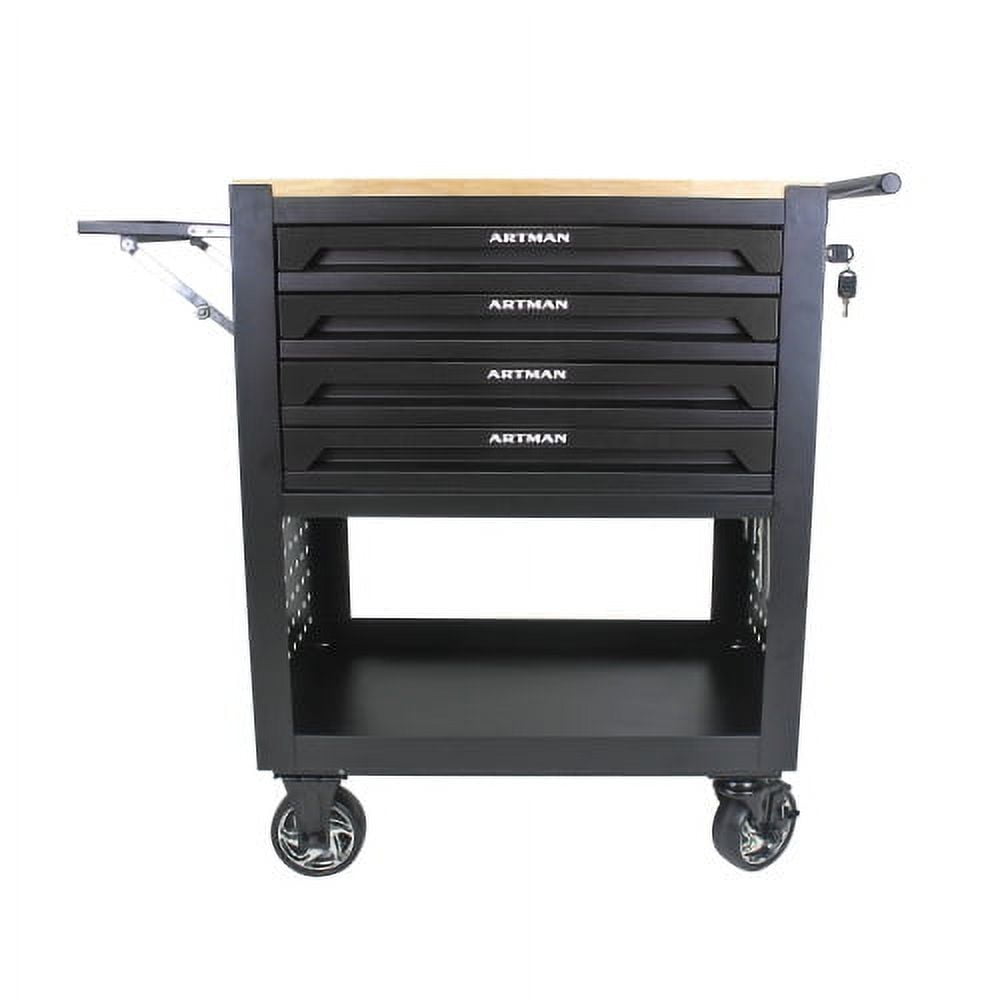 POVANLI 4 Drawers Multifunctional Tool Cart with wheels and Wooden Top, Metal,Suitable for Garages,Warehouses,Workshops,Repair Shops(Black)