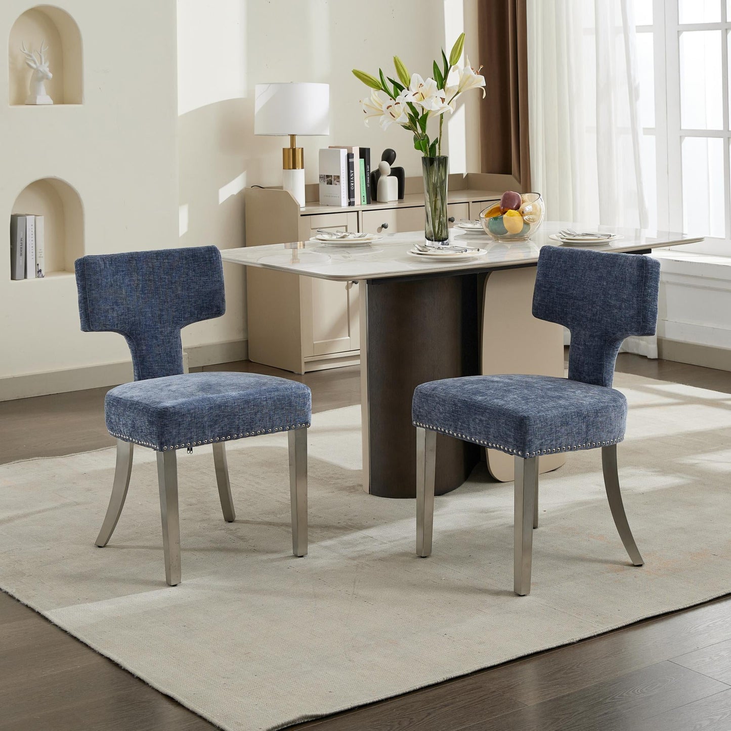 GAKMCIL Chenille Dining Chair,Farmhouse Upholstered Accent Kitchen Side Chairs(Set of 2)with Curved Backrest,Copper Nails,Silver Stainless Steel Legs,300lbs Load for Dining Room and Kitchen(Blue)