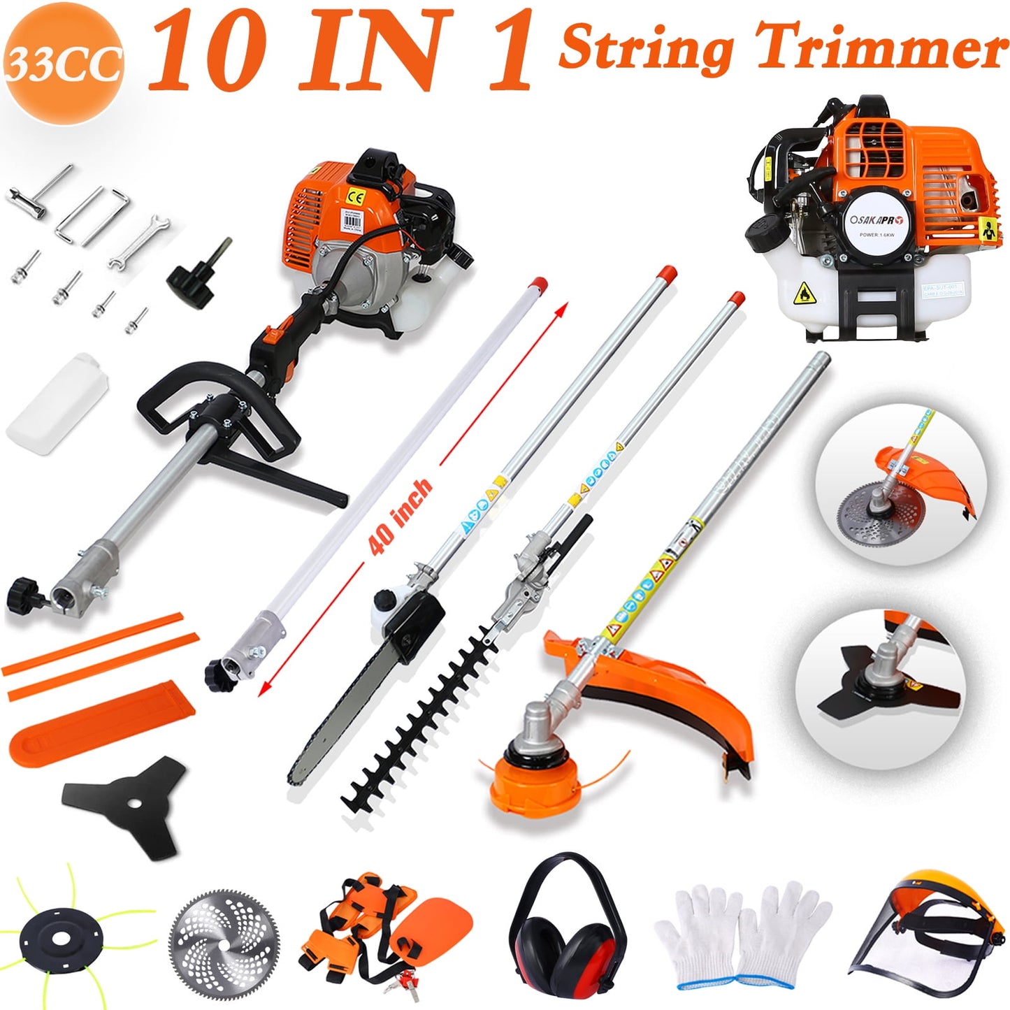 POVANLI 10-in-1 Multi-Functional Trimmer,Grass Trimming Tool,33CC 2-Cycle Garden Tool System with Gas Pole Saw, Hedge Trimmer, Grass Trimmer, and Brush Cutter EPA Compliant