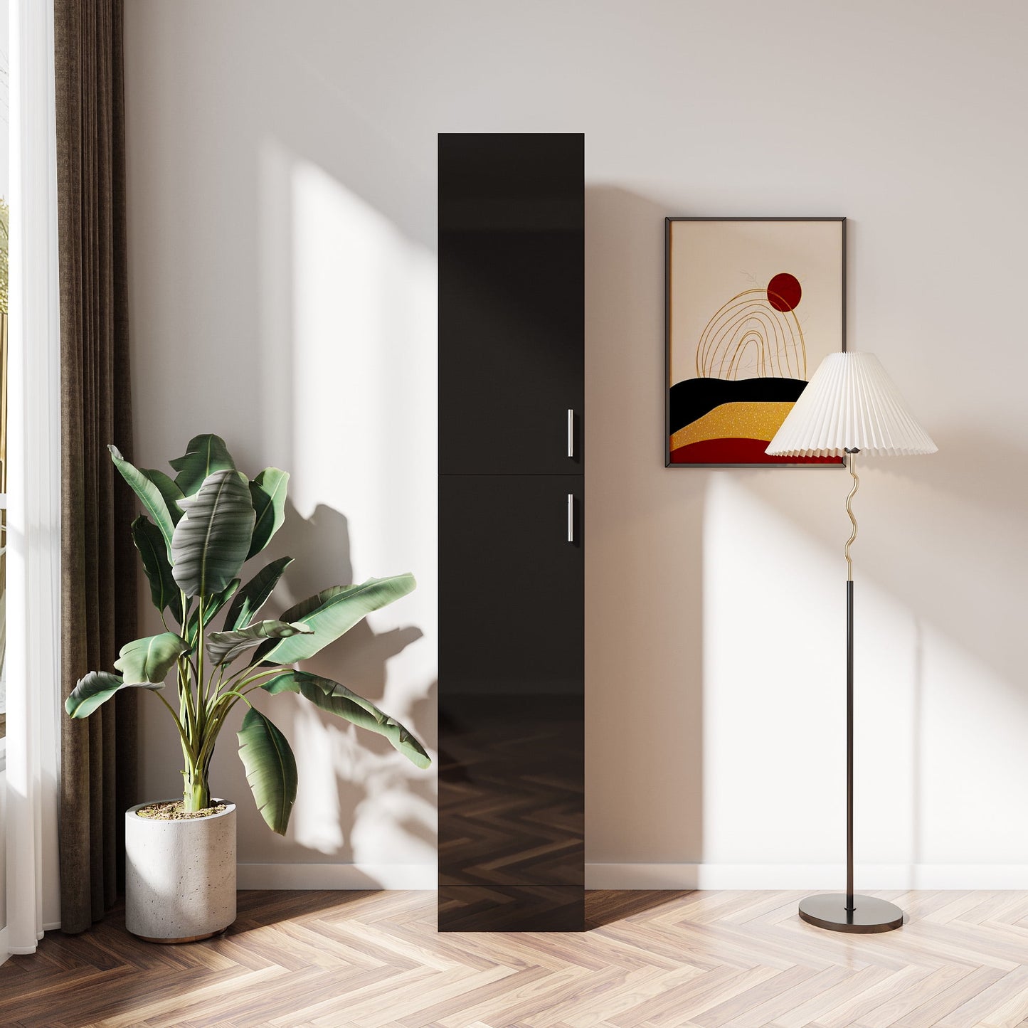 GAKMCIL Storage Cabinet(13.78"*11.50"*74.80"), Modern Freestanding Narrow Storage Cabinet with three inadjustable shelves and two Doors for Living room, Kitchen, Dining Room, Study, Office, Black