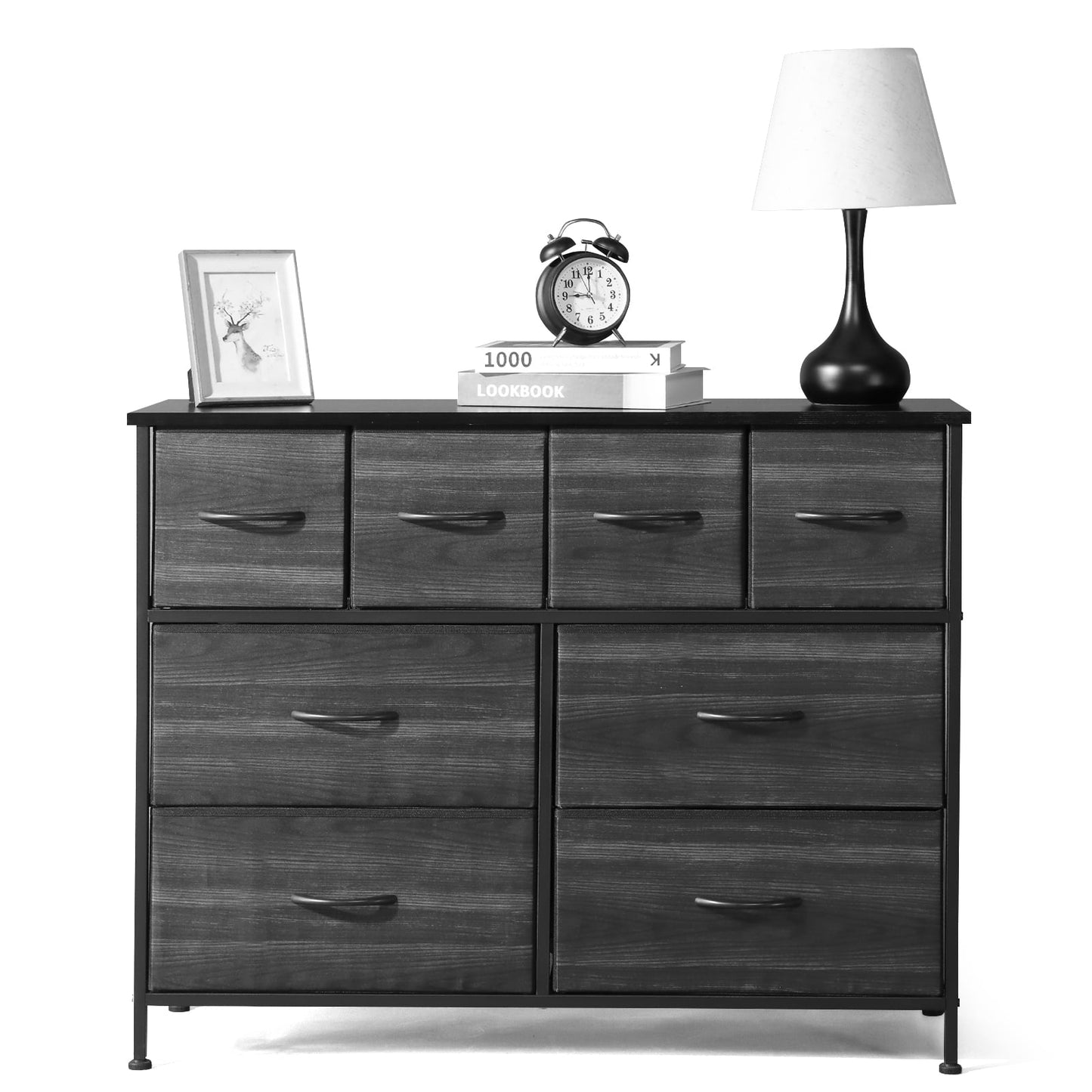 POVANLI 8 Drawer Dresser Chest of Drawers for Bedroom Fabric Drawer for Kids and Adult Steel Frame and Wooden Top Black Grey