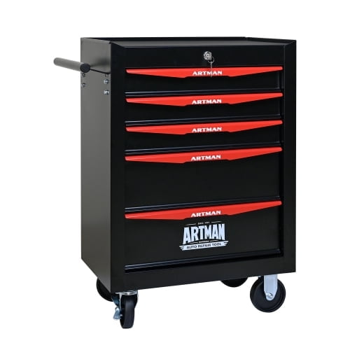 POVANLI 5 Drawer Portable Tool Box With Wheels,20" Tool Chest With Key Locking Tool Boxes/Organizers Black&Red
