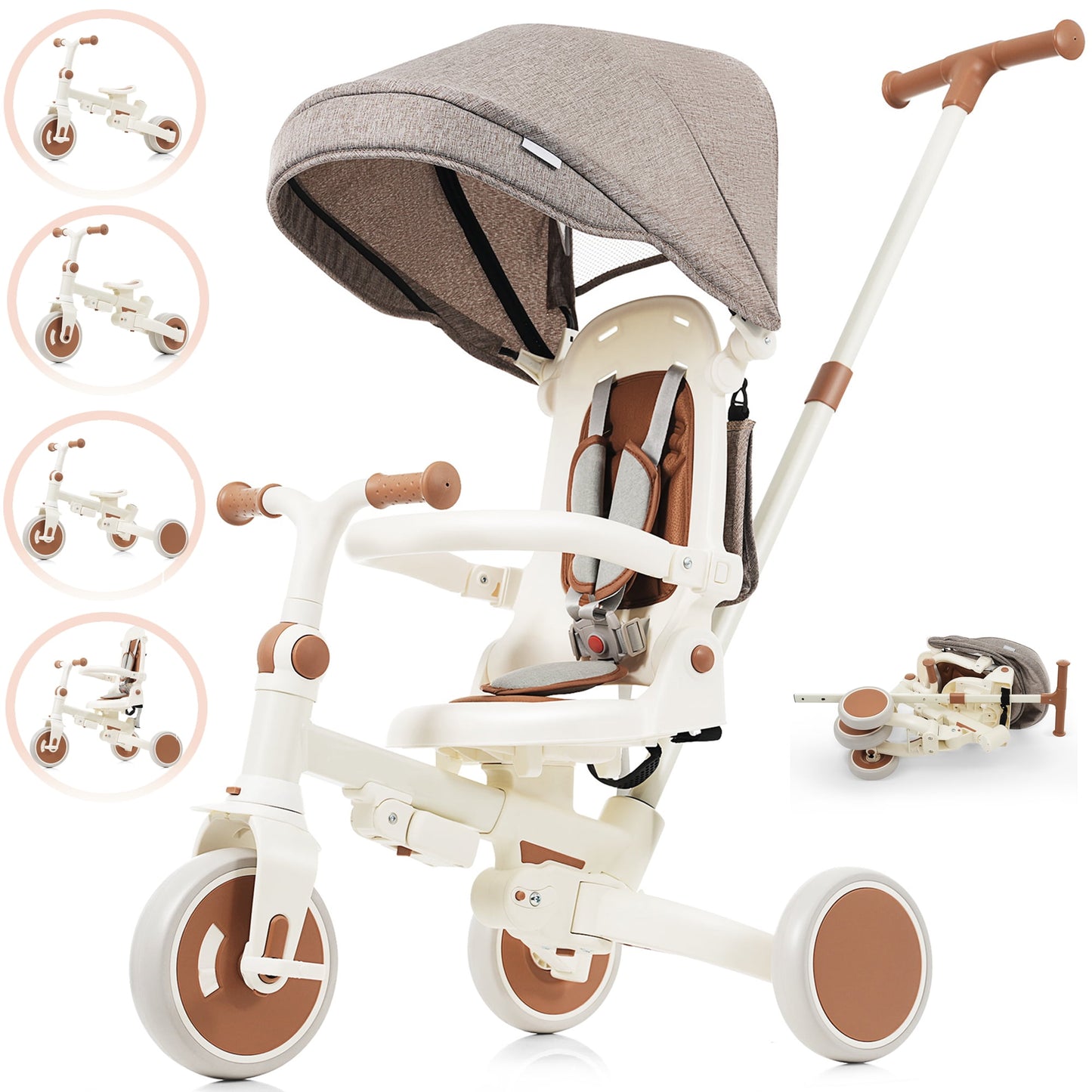 POVANLI 7 in 1 Baby Tricycle Foldable Toddler Tricycle w/Removable and Adjustable Parent Handle,Toddler Push Bike with Removable Pedal,Canopy and Guardrail,Tricycle for 12-72 Months Ivory