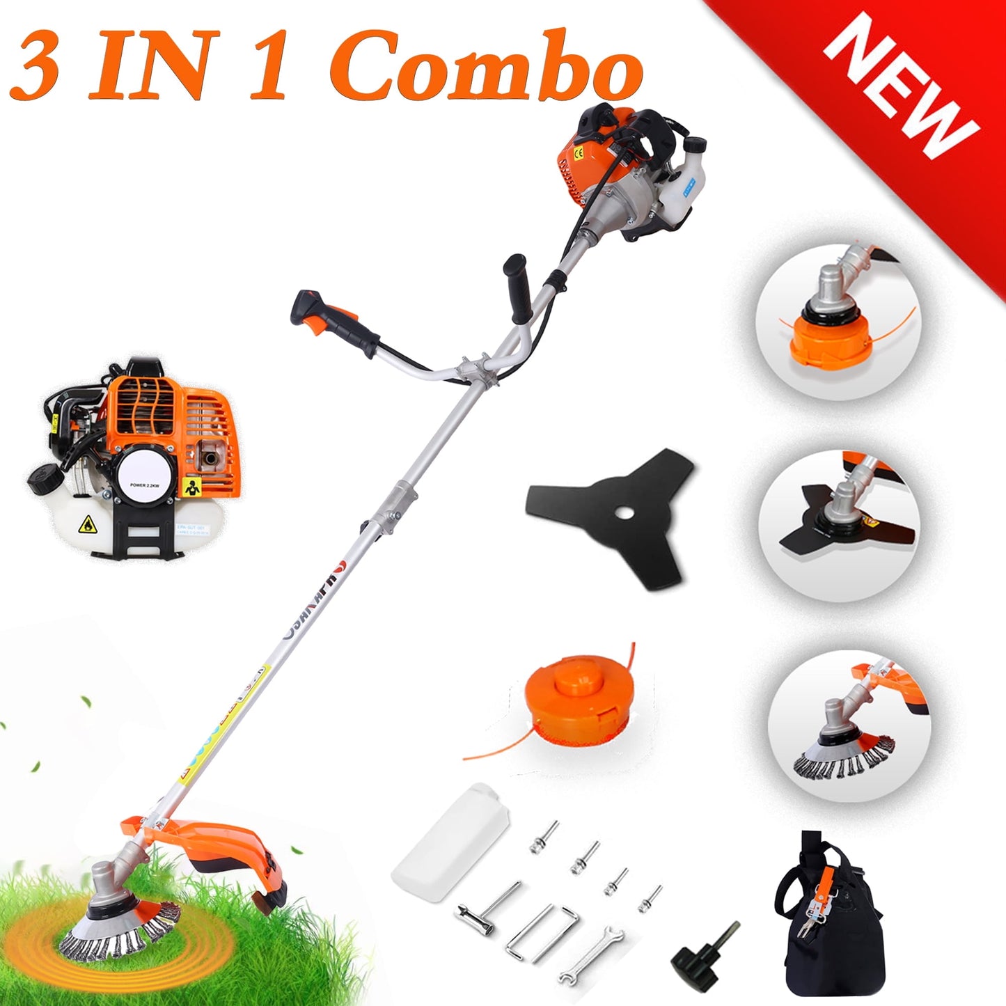 POVANLI 3-In-1 Weed Wacker,52cc Gas Weed Eaters/Weed trimmer,8 inch Weed Wacker Attachments Heads,10" Metal 3T Blade,Rubber Handle,Shoulder&Strap Included,EPA Compliant lawn Mower/String Trimmers