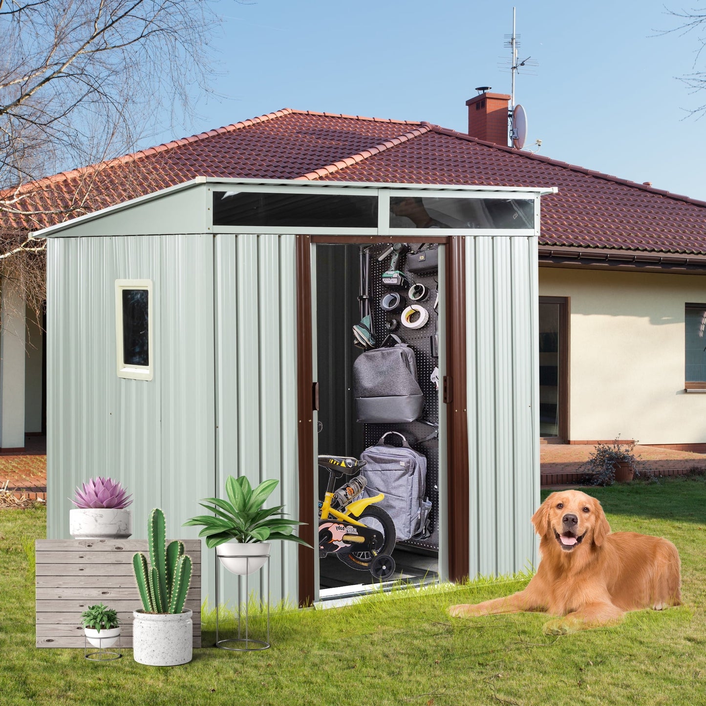 Aurlrtil 6 x 5FT Outdoor Metal Storage Shed with Window and Metal foundation for Garden,Lawn White