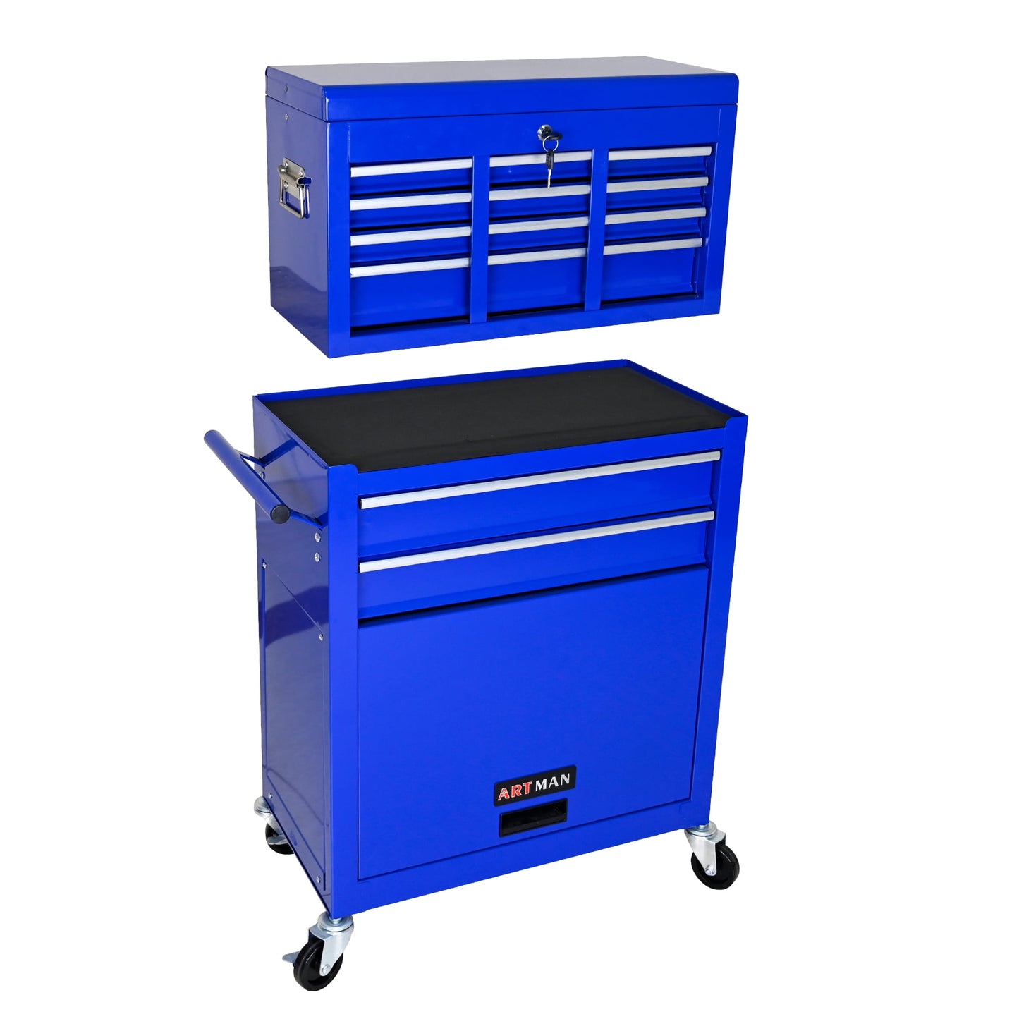 POVANLI High Capacity Rolling Tool Box with Wheels and 8 Drawers, Wheels Lockable, 2-IN-1 Tool Chest & Cabinet, Organizer, for Garages, Warehouses, Workshops, Repair Shops, Blue