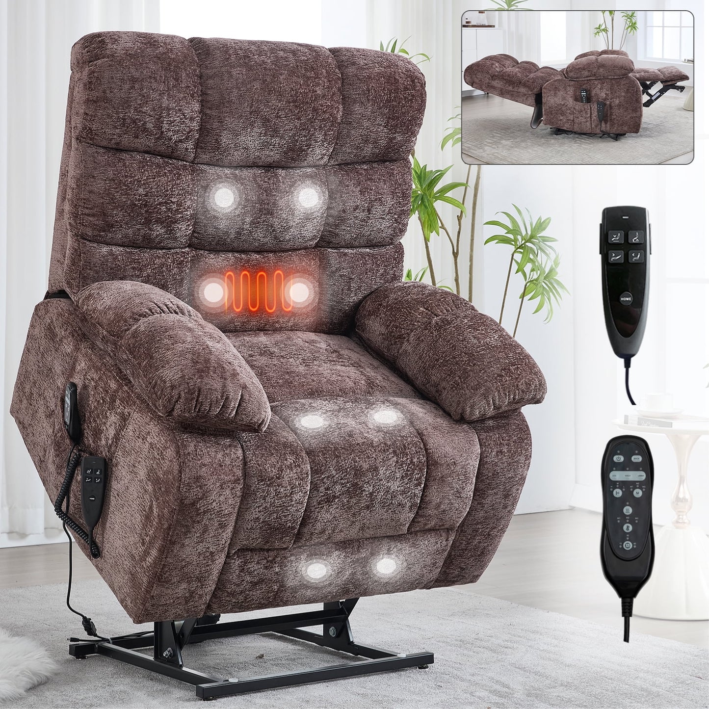 GAKMCIL Large Dual Motor Power Lift Chenille Recliner Chair for Elderly with Heating and 3 Massage modes, 8 vibrating nodes (back, lumbar, thighs, legs), 15/30/60 minute timing function, Gift (Brown)