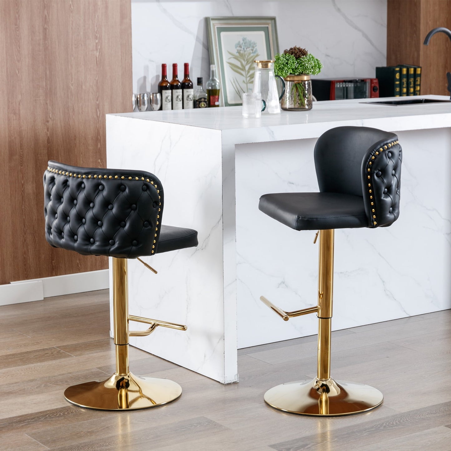 GAKMCIL Modern PU Upholstered Swivel Bar Stools with Adjustable Counter Seat Height, Footrest, Golden Metal Chrome Base, Rivets Trim, 300lbs Load for Home Pub, Kitchen Island (Set of 2, Black)