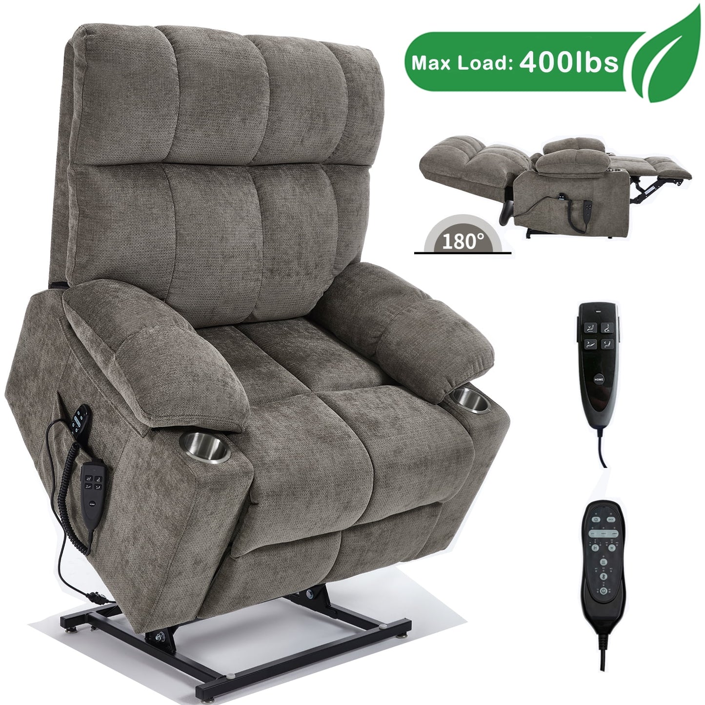 GAKMCIL Large Dual Motor Infinite Position Power Lift Chenille Recliner Chair with Heating and 3 Massage 8 vibrating nodes(back,lumbar,thighs,legs), 3 Timing function, Steel Cup Holders, Gift (Brown)