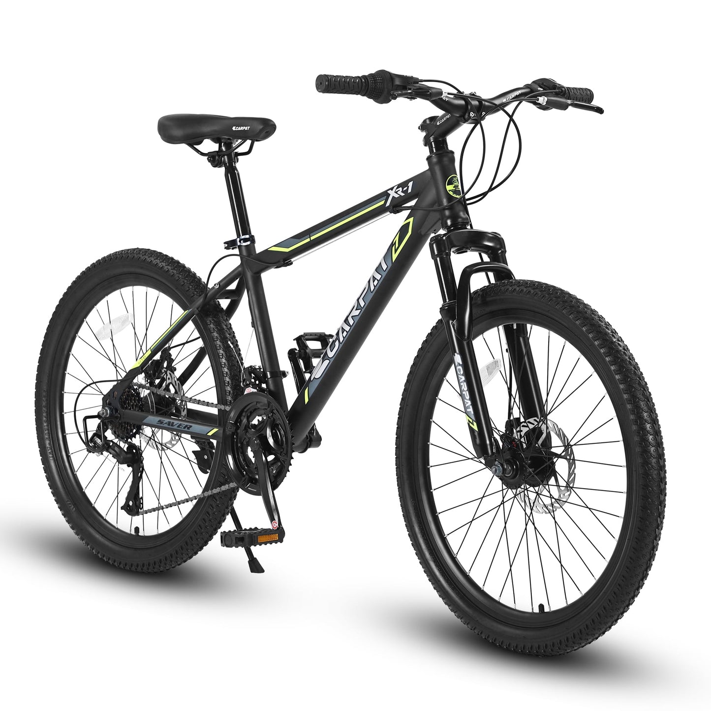 POVANLI 24" Steel Frame Mountain Bike for Boys Girls, with 21 Speeds Dual Disc Brakes and Front Suspension MTB, Black&Green (Gift)