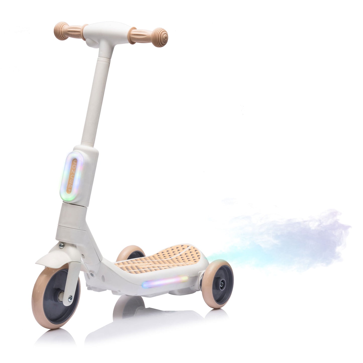 CAMSCH 6V 2in1 Kids Ride on 3 Wheels Balance Electric Scooter,Tail Color Lights W/Spray,Wider Pedal,PU Wheels,Independent Light Switch With Music,One Button Acceleration for Yr 3-6,Gift(White)
