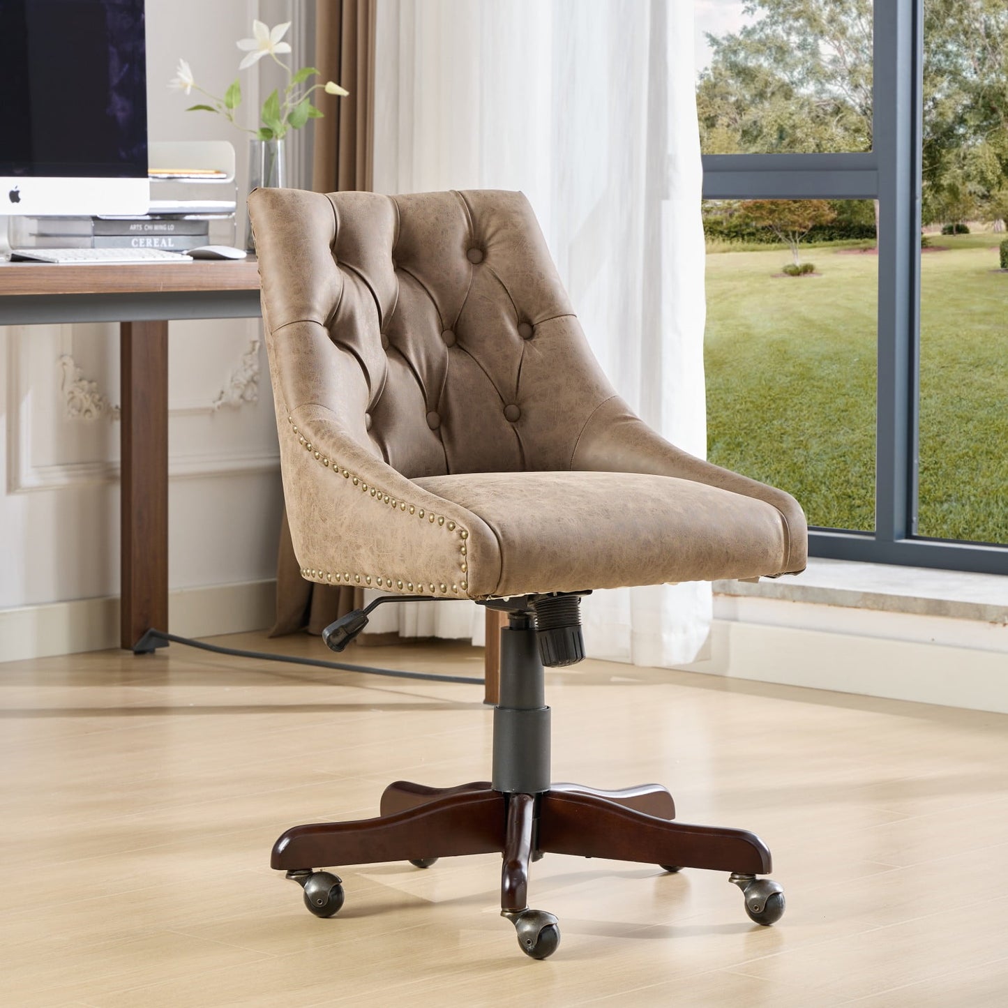 GAKMCIL Medieval Retro PU Leather Home Office Chair, Faux Leather Upholstered Tufted Button Desk Chair with 360° Swivel, Lift, Recline Functions, 300lb Load for Study, Dressing Table, Bedroom (Brown)