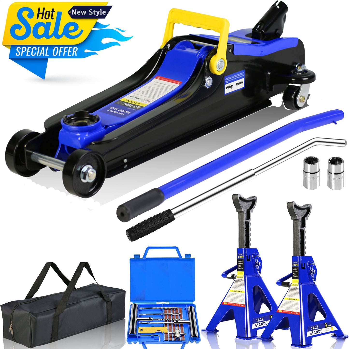 POVANLI Low Profile Floor Jack, 2 Ton, 3T Jack Stand, Tire Repair Kit, Heavy Duty, Blue