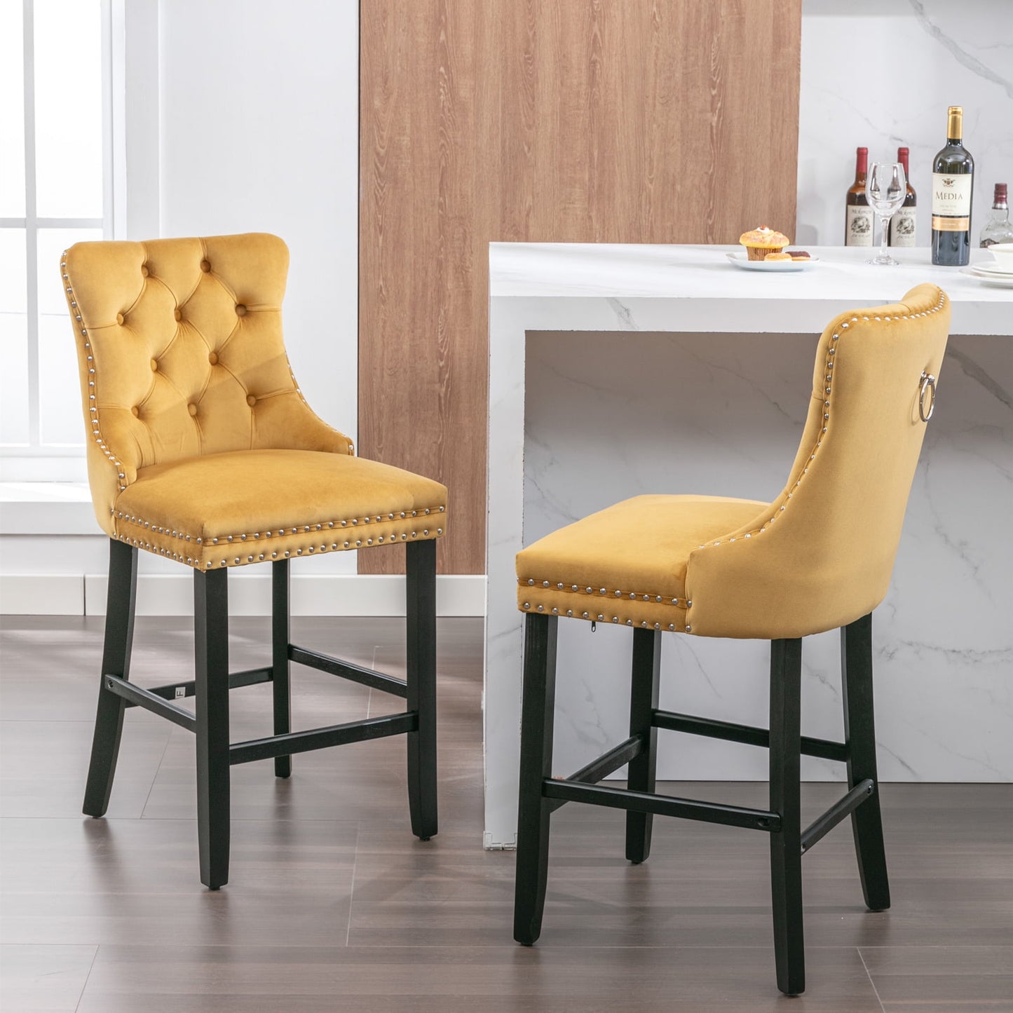 GAKMCIL Velvet Barstools, Leisure Upholstered Height Bar Stools (Set of 2) with Button Tufted Decoration, Wooden Legs, Chrome Nailhead Trim, 300lbs Load for Home Pub and Kitchen Island (Gold)