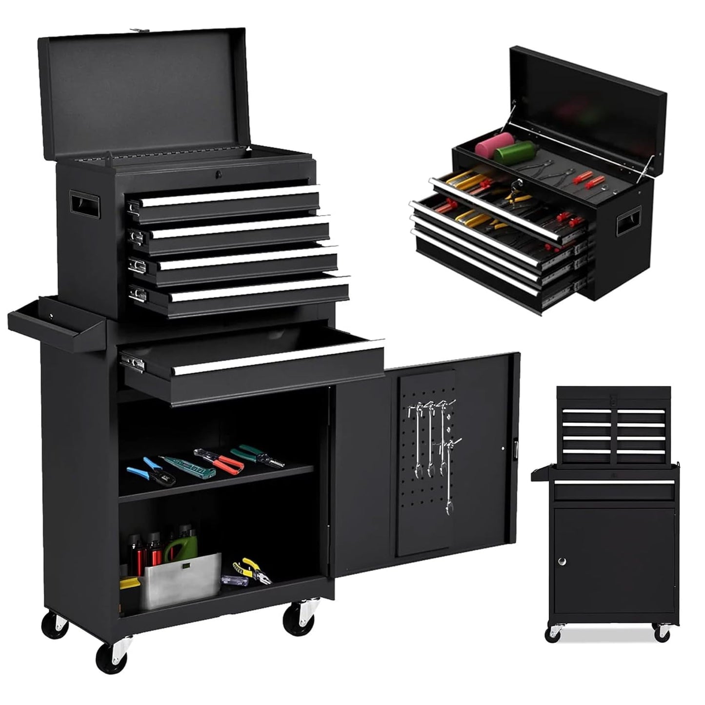 POVANLI Detachable 5-Drawer Rolling Tool Chest with Bottom Cabinet and One Adjustable Shelf/Locking System for Garage Workshop Warehouse Repair Shop