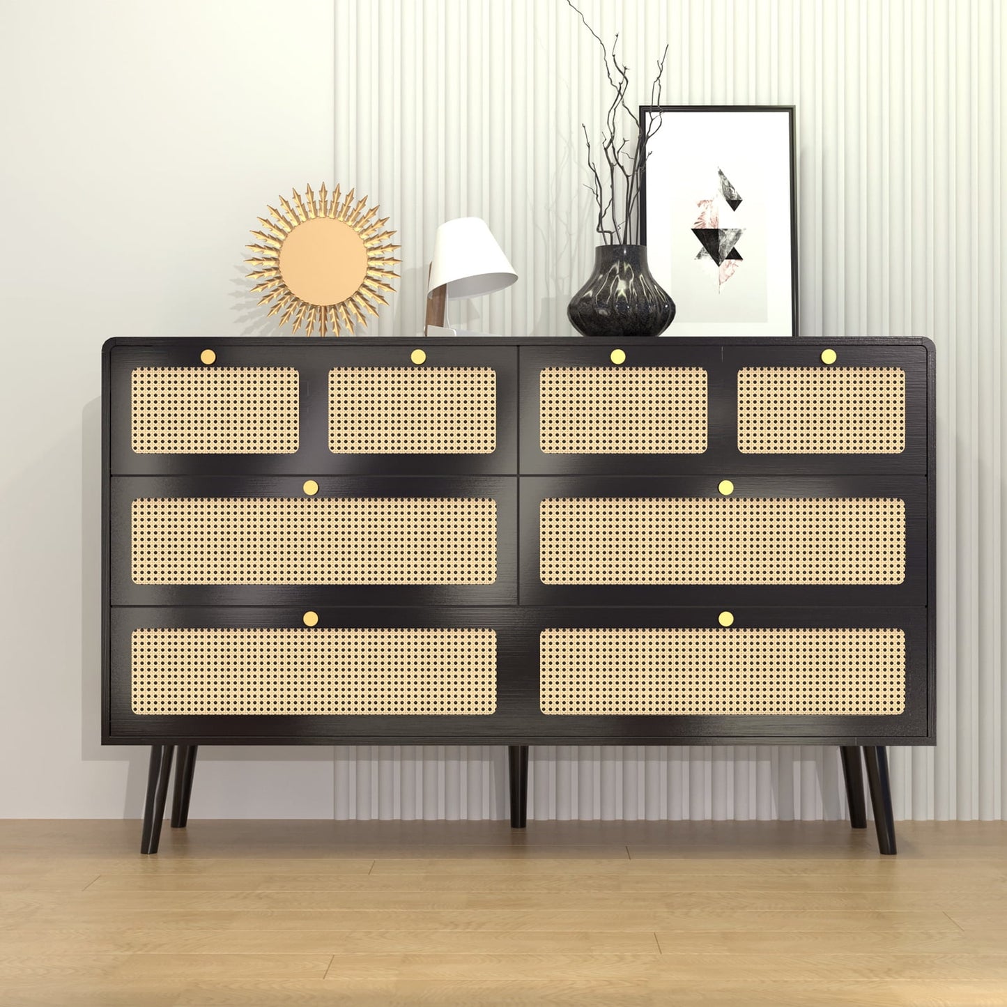 POVANLI 6 Drawer Dresser, Modern Rattan Dresser Chest with Wide Drawers and Metal Handles, Farmhouse Wood Storage Chest of Drawers for Bedroom, Living Room, Hallway, Entryway