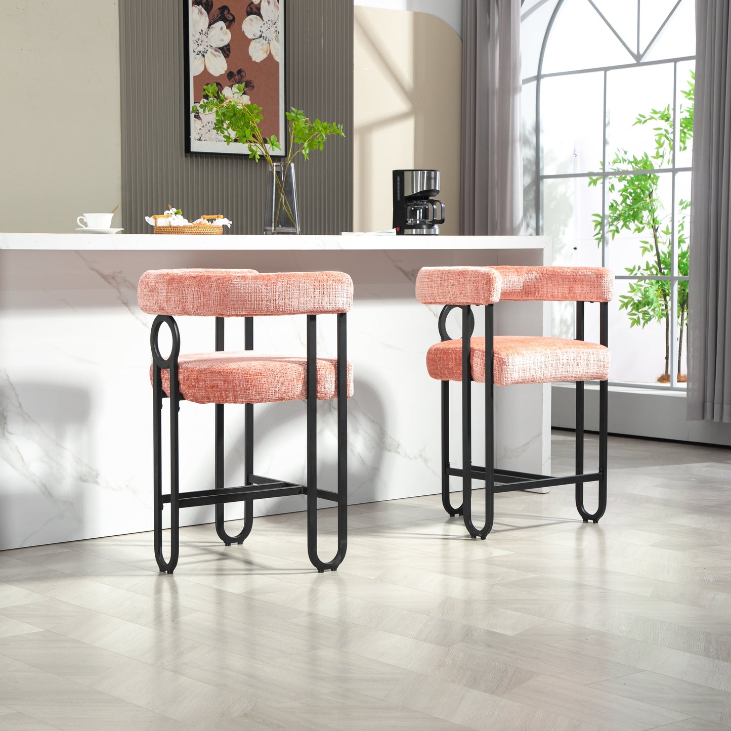 POVANLI Chenille Fabric Bar Stools (Set of 2), Modern Upholstered Bar Chair with Back & Footrest, Black Metal Frames for Bar Kitchen Island Restaurant Bistro, Club (Pink)