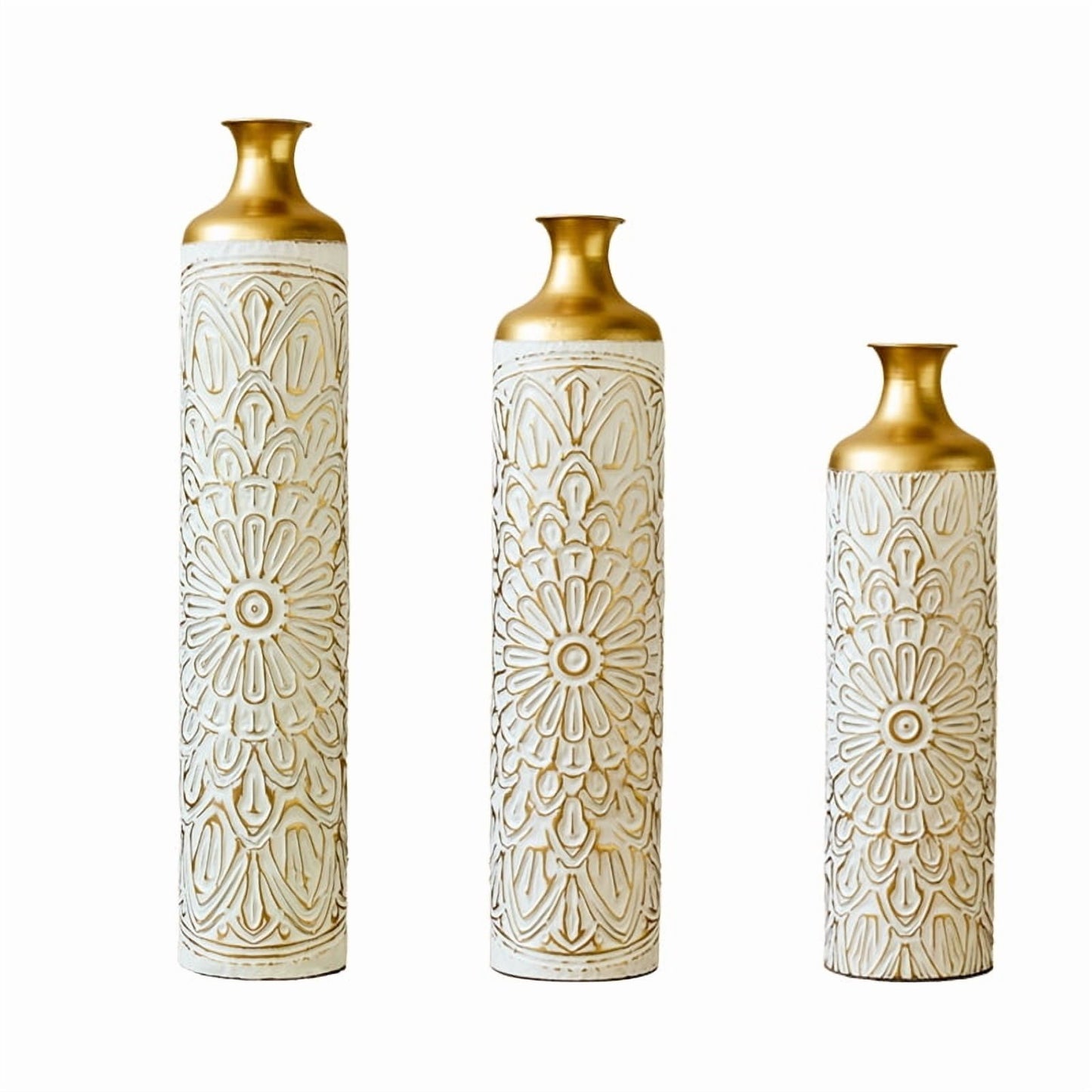 GAKMCIL Modern White&Gold Floor Metal Vases (Set of 3), Tall Droplet-Shaped Decorative Vases for Home, Large Glazed Metal Vases for Living Room, Entryway, Wedding (24.41/29.13/33.07inch Height)